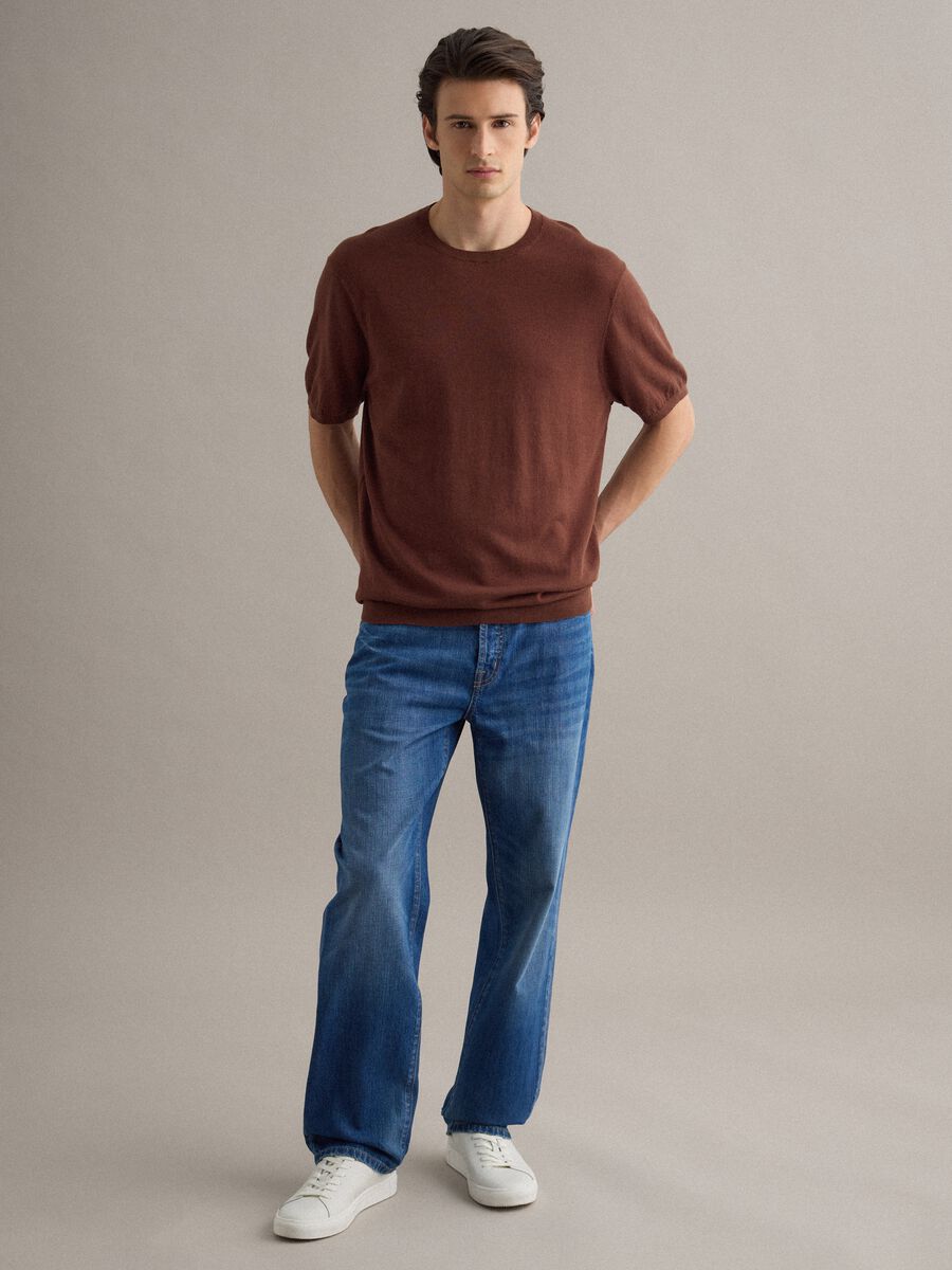 Short-sleeve brown regular fit t-shirt in cotton, linen and silk blend_2
