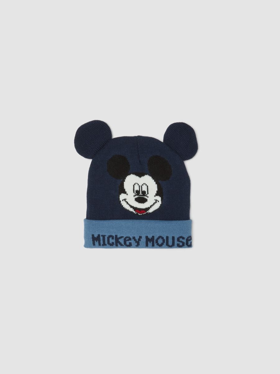 Dunkelblaue M&uuml;tze mit Umschlag, applizierten Ohren und Mickey-Print_0