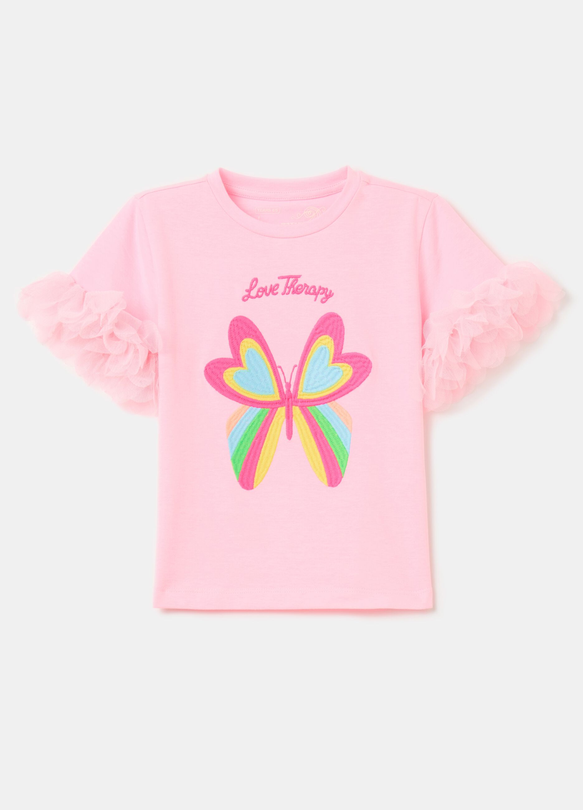 T-shirt con ricamo farfalla e tulle