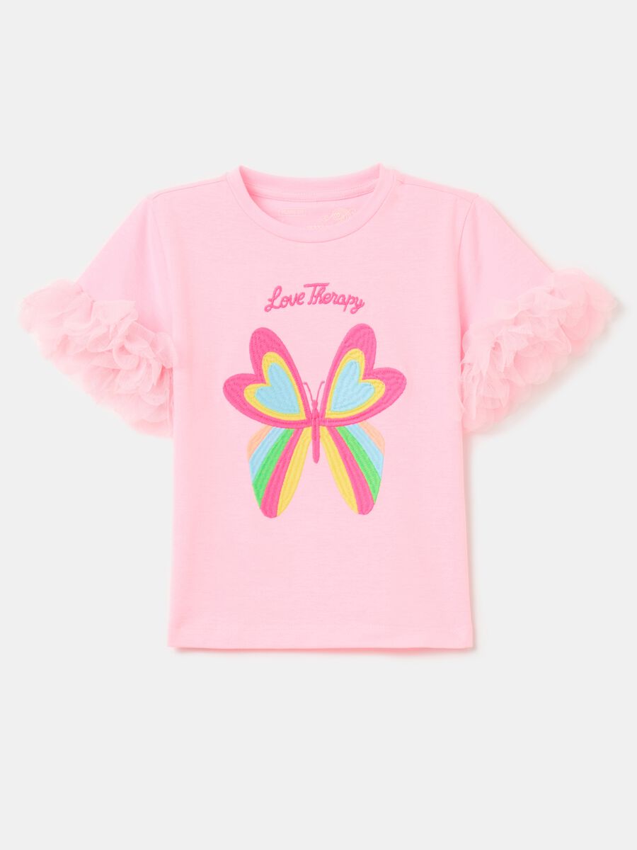 T-shirt con ricamo farfalla e tulle_0