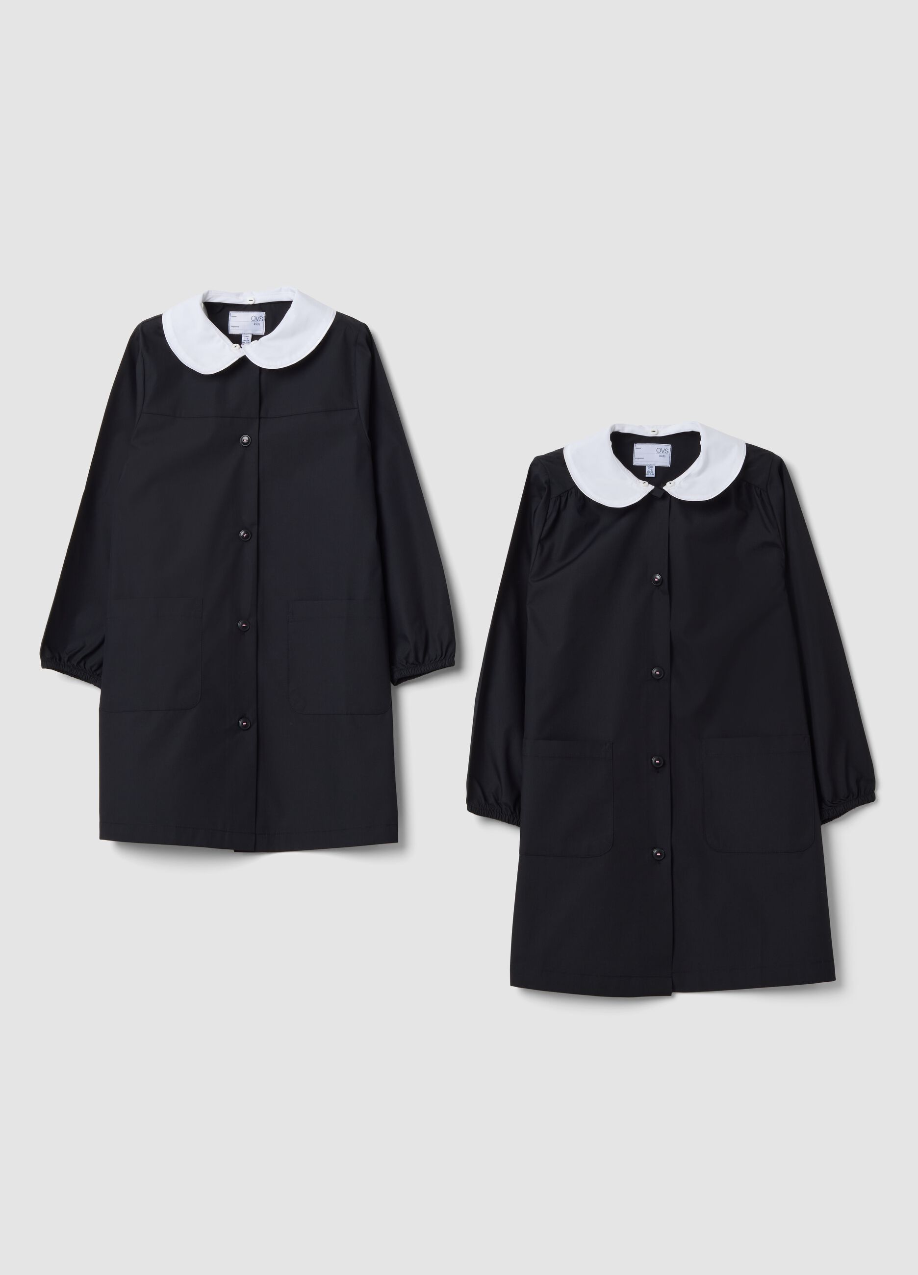 Two-pack of girls&rsquo; black school aprons with white button-up collar