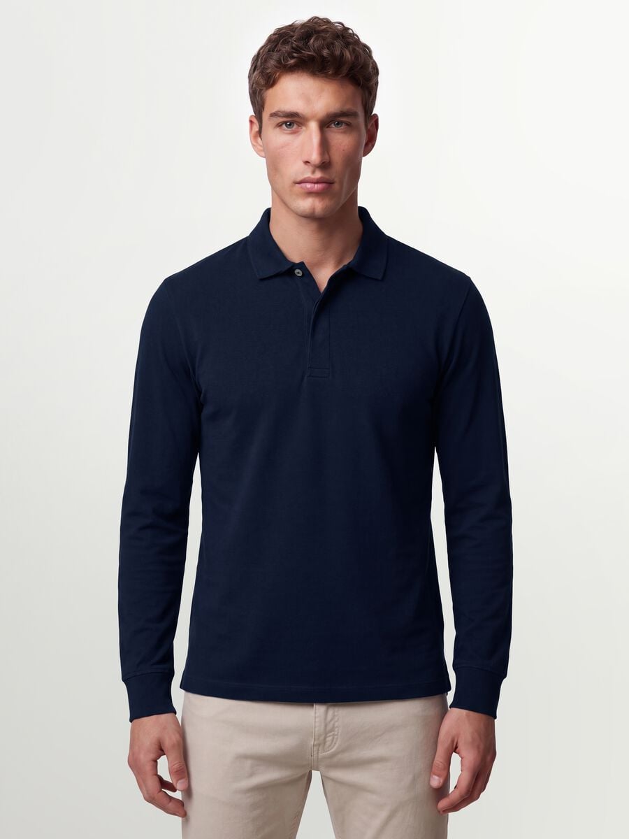 Navy stretch-cotton long-sleeve polo shirt, regular fit_0