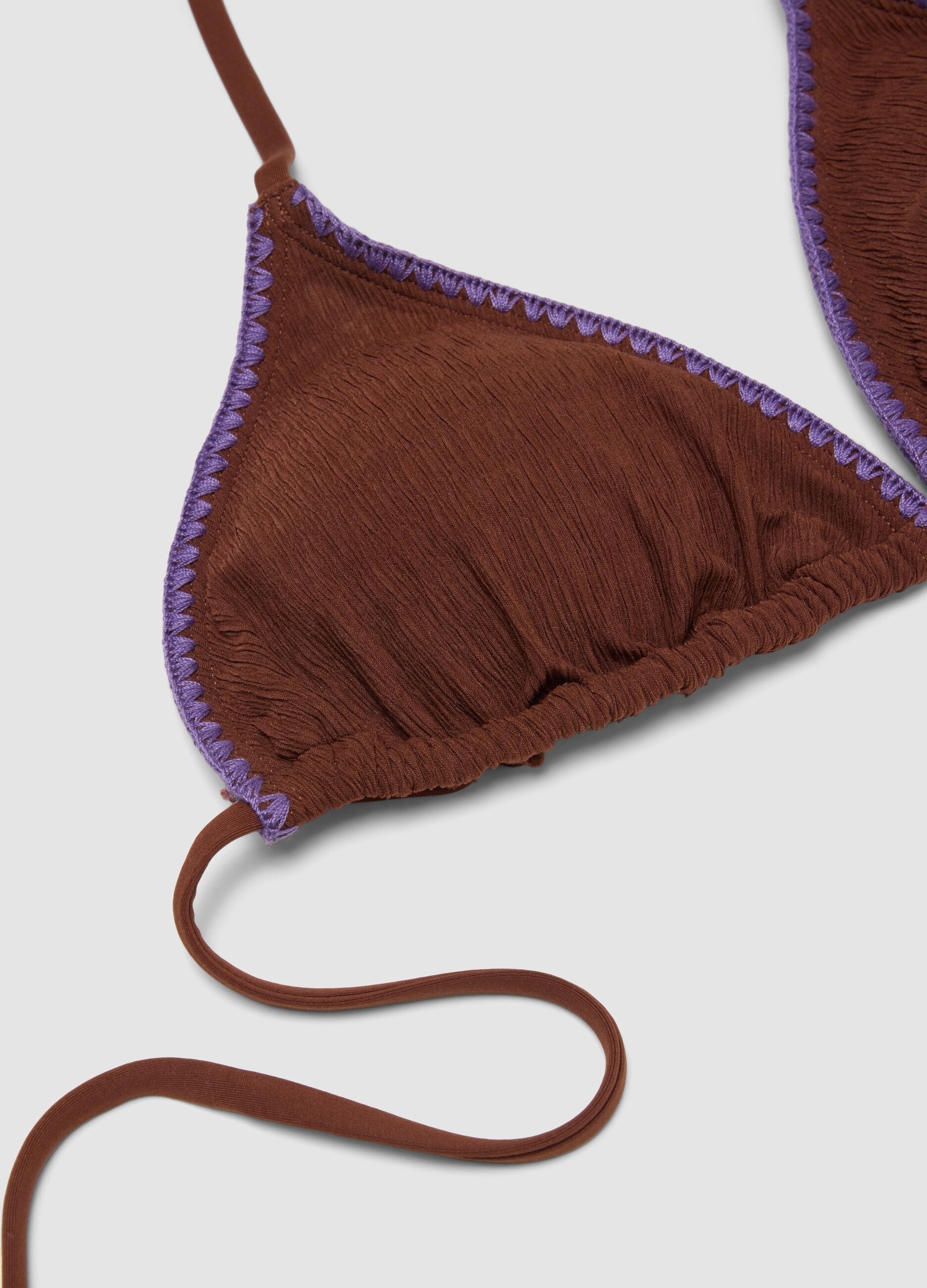 Brown triangle bikini top in stretch fabric with purple trim