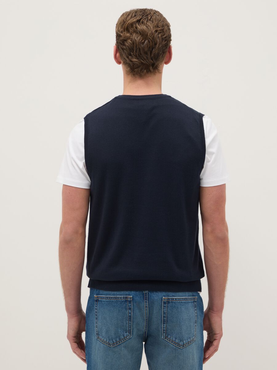 Regular fit deep V blue waistcoat in cotton blend with buttons_2