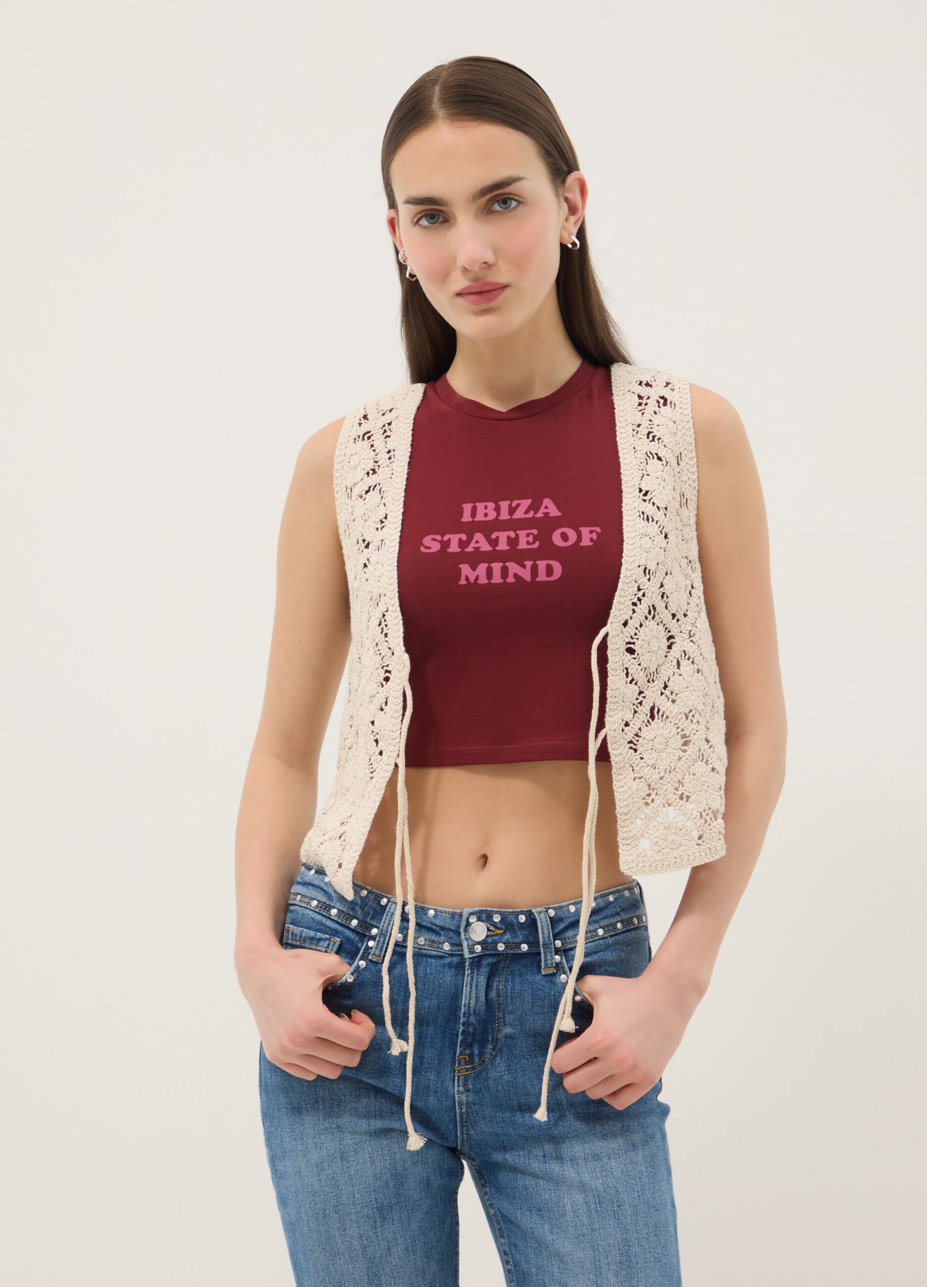 Beige Gilet in Baumwollmischung in Regular Fit mit floralem Strickdesign