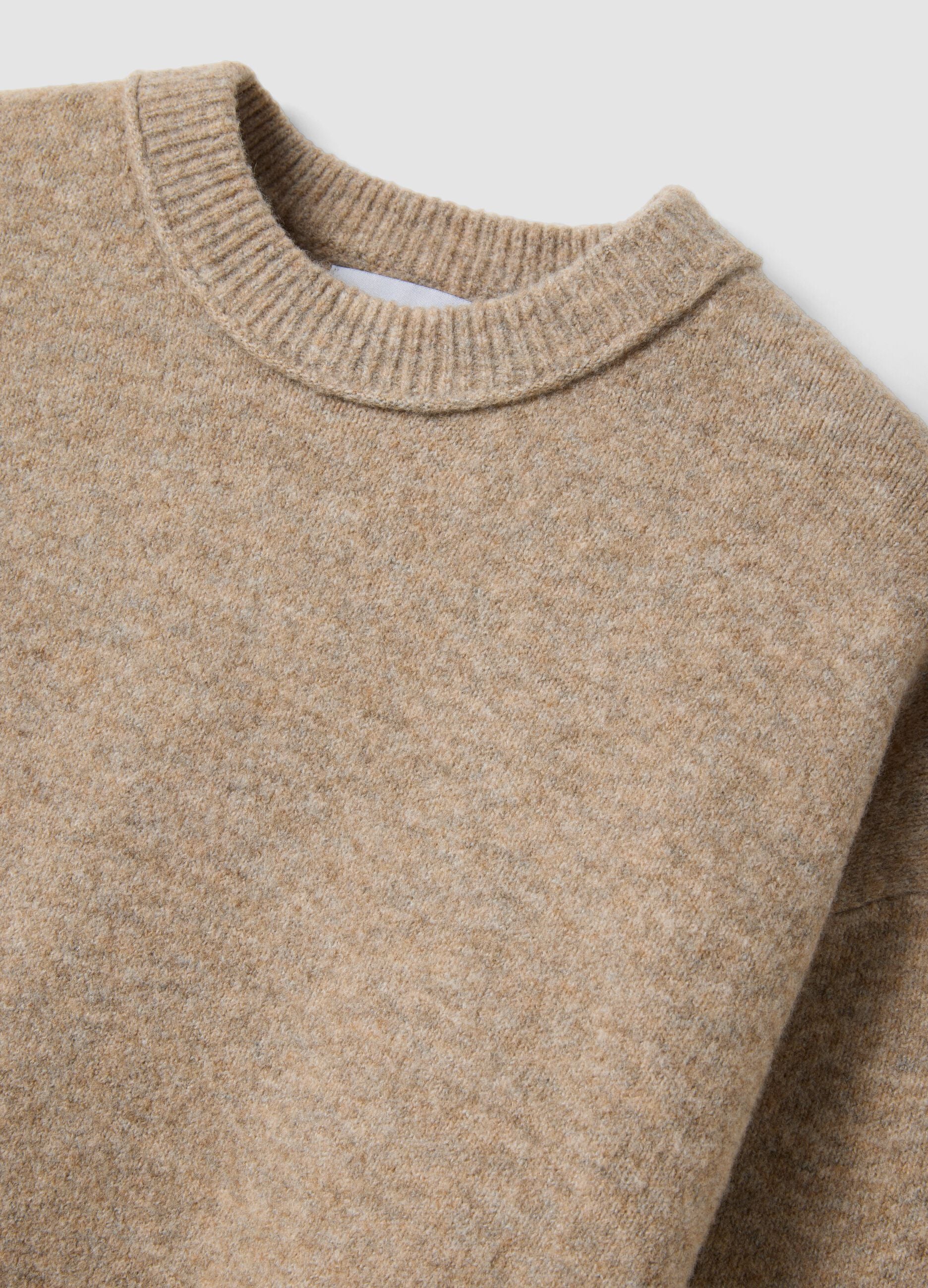 Beige stretch wool crew-neck jumper, oversized fit