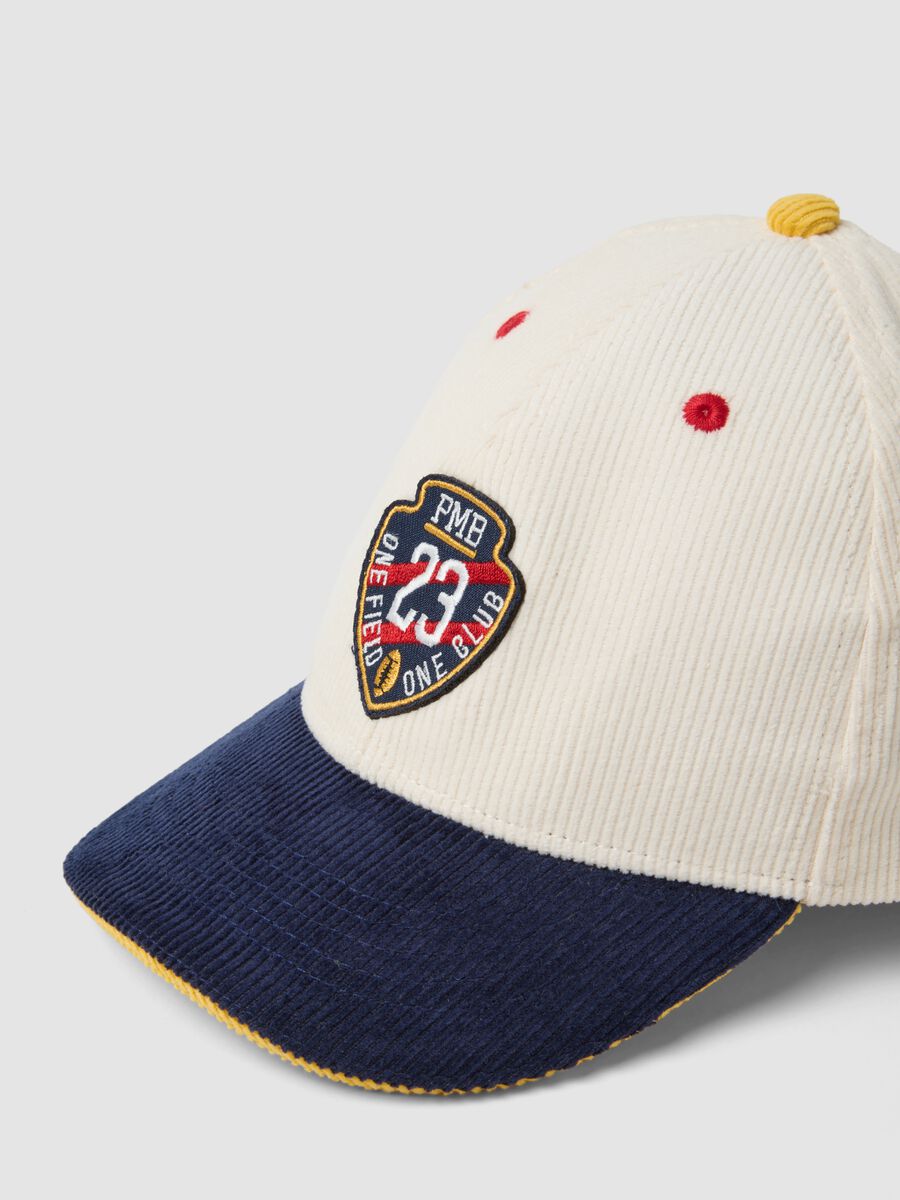 Beige pure cotton cap with blue peak and patch_2