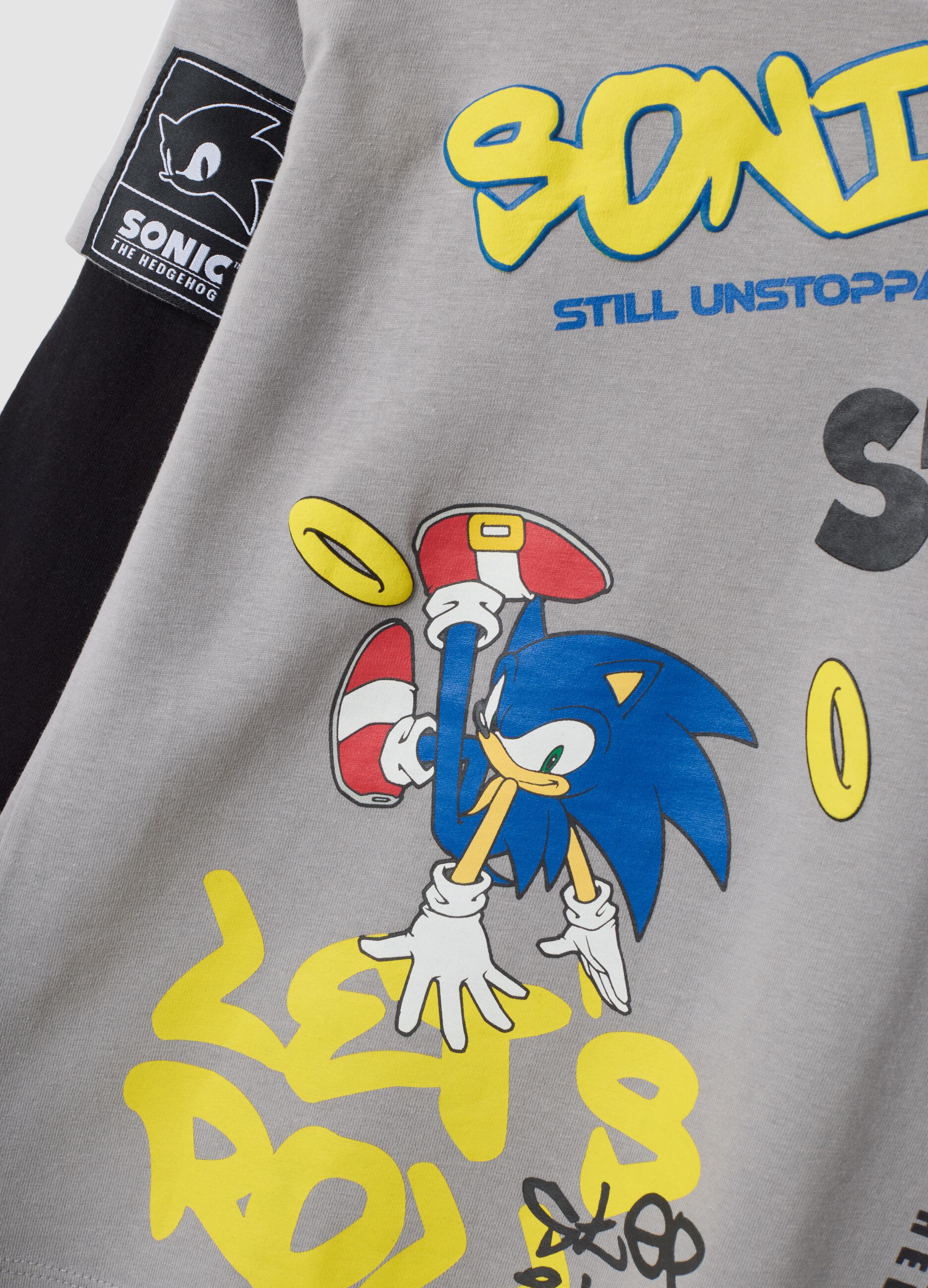 Grey pure cotton jersey T-shirt with Sonic print, oversized fit