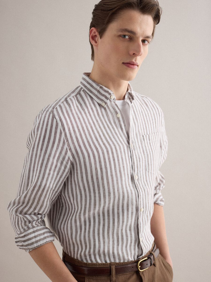 Langarmhemd aus reinem Leinen mit mehrfarbigen Streifen, regul&auml;re Passform_0