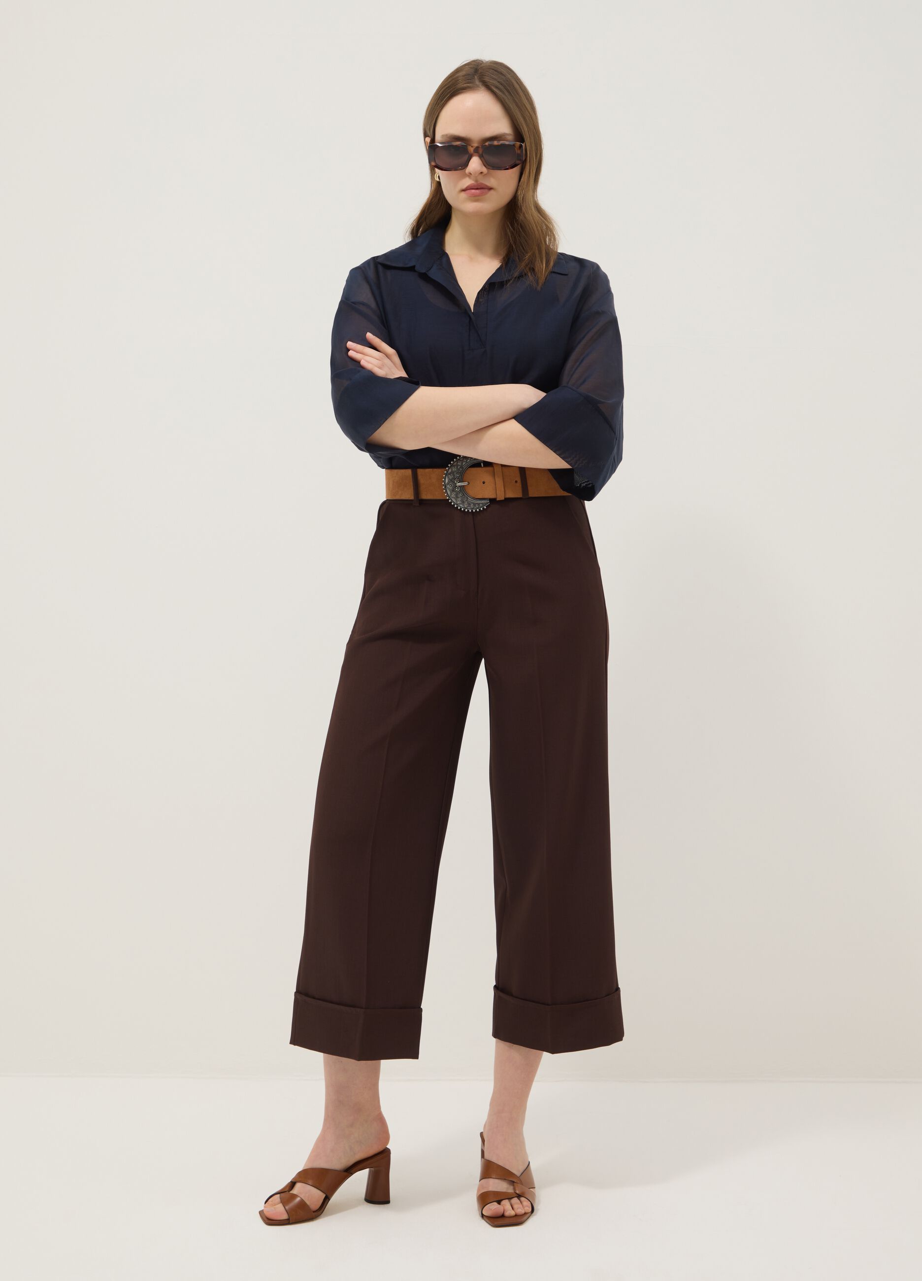 Blouse bleue manches longues en m&eacute;lange de viscose, coupe regular