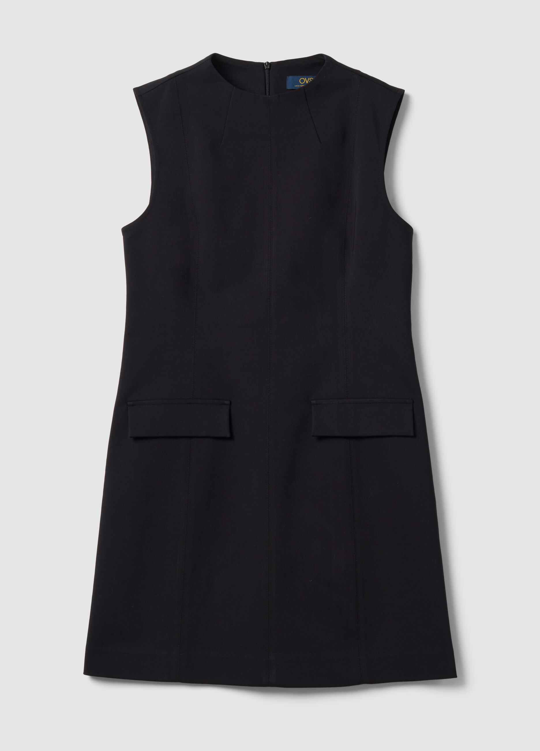 Black sleeveless fitted dress in stretch cotton with crew neck