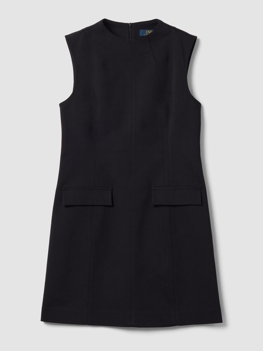 Black sleeveless fitted dress in stretch cotton with crew neck_4