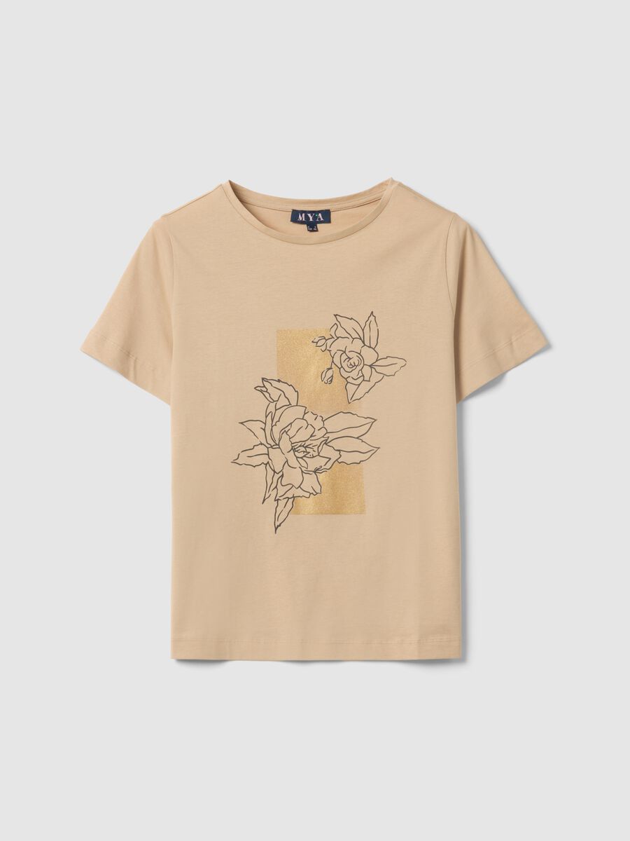 Beiges Kurzarm-T-Shirt aus reiner Baumwolle mit Print, Regular Fit_0