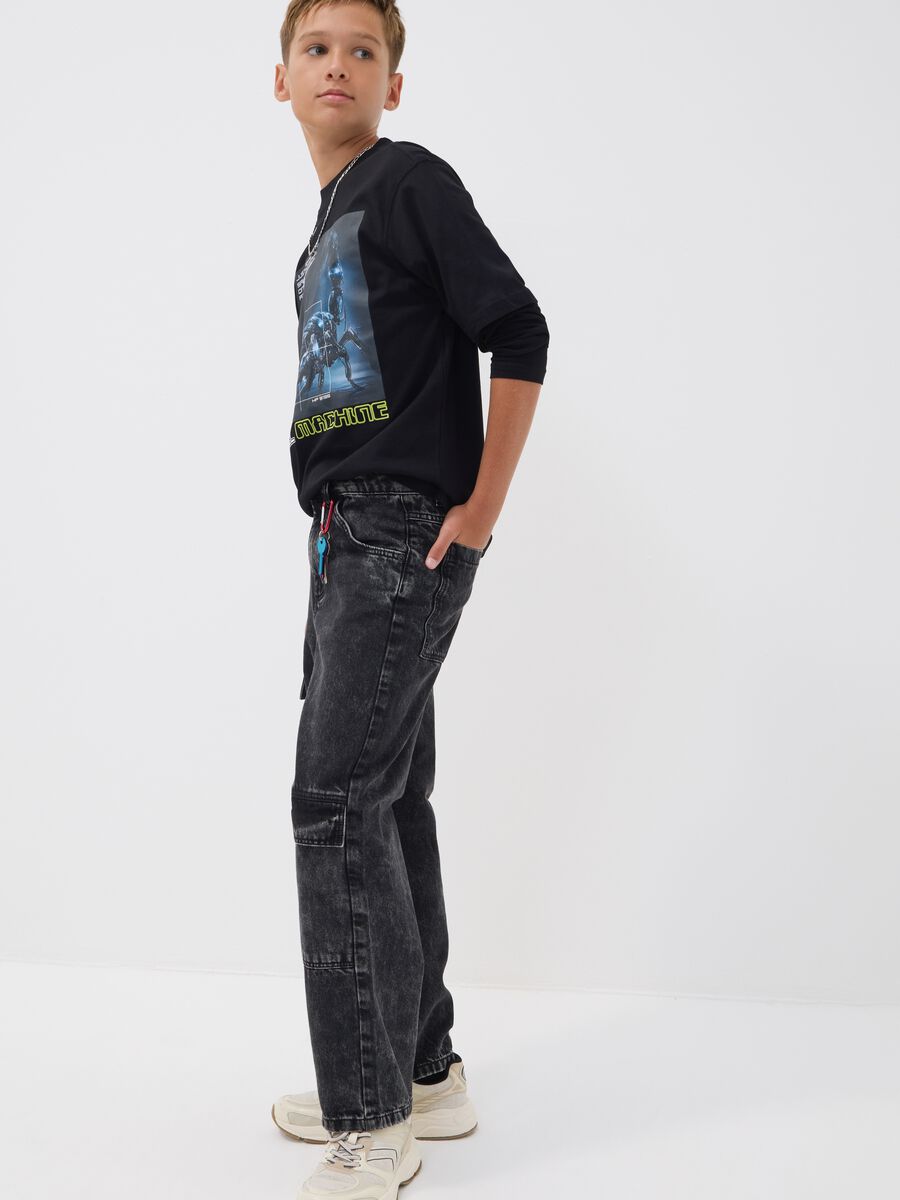 Black pure cotton cargo jeans, skater fit_1