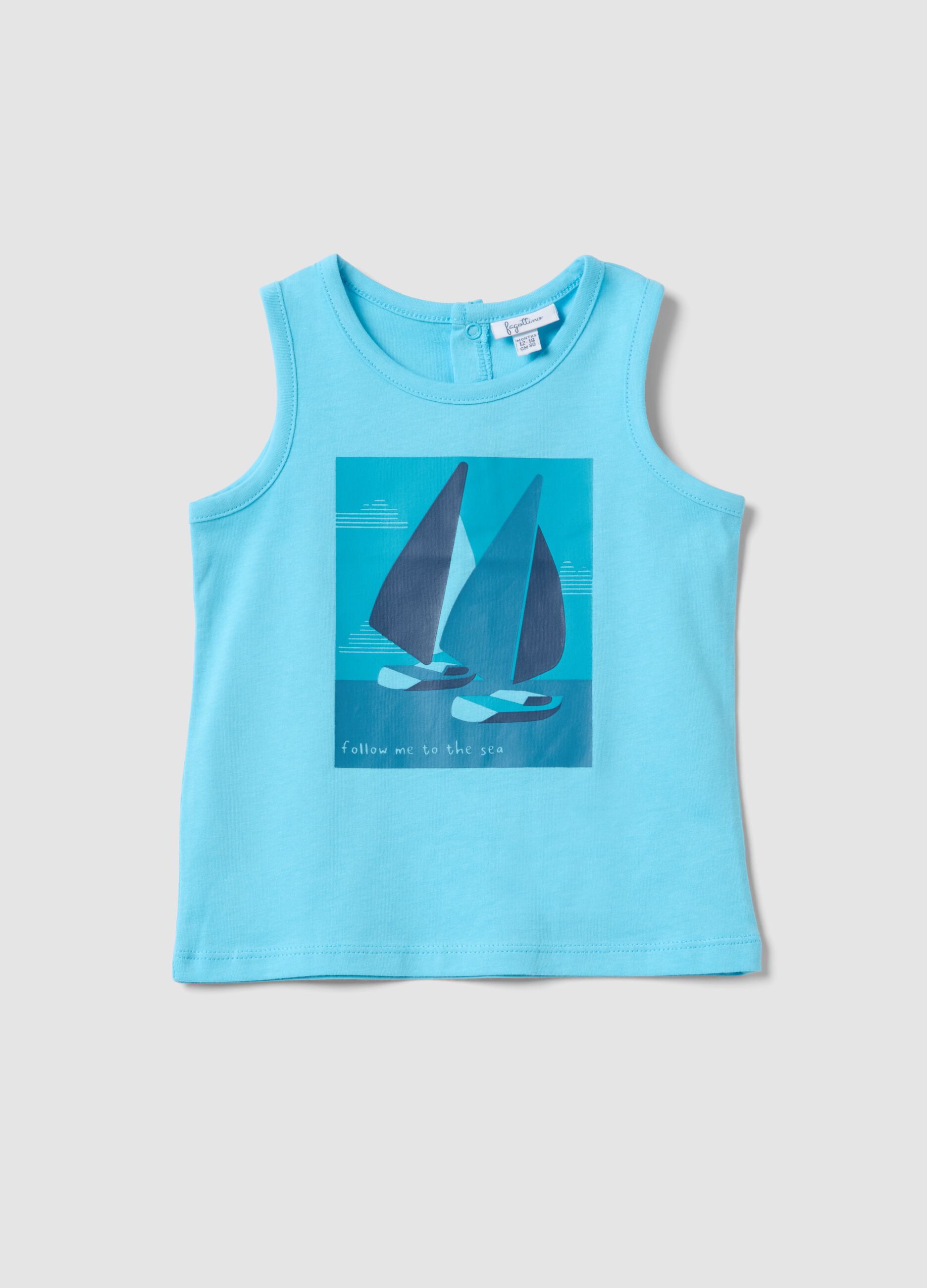 Blue pure cotton boys&rsquo; vest, regular fit, with sailboat print