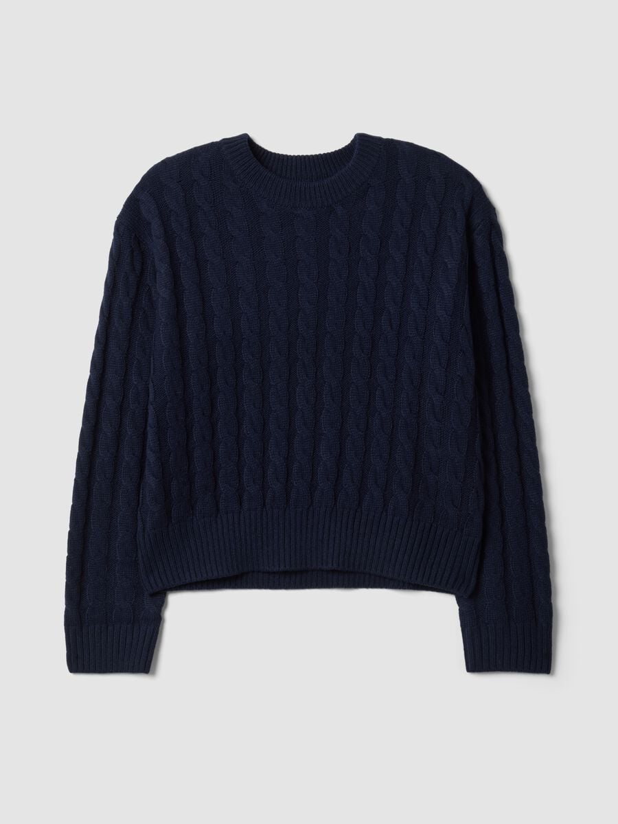 Maglia blu in misto lana a trecce con girocollo over fit_0