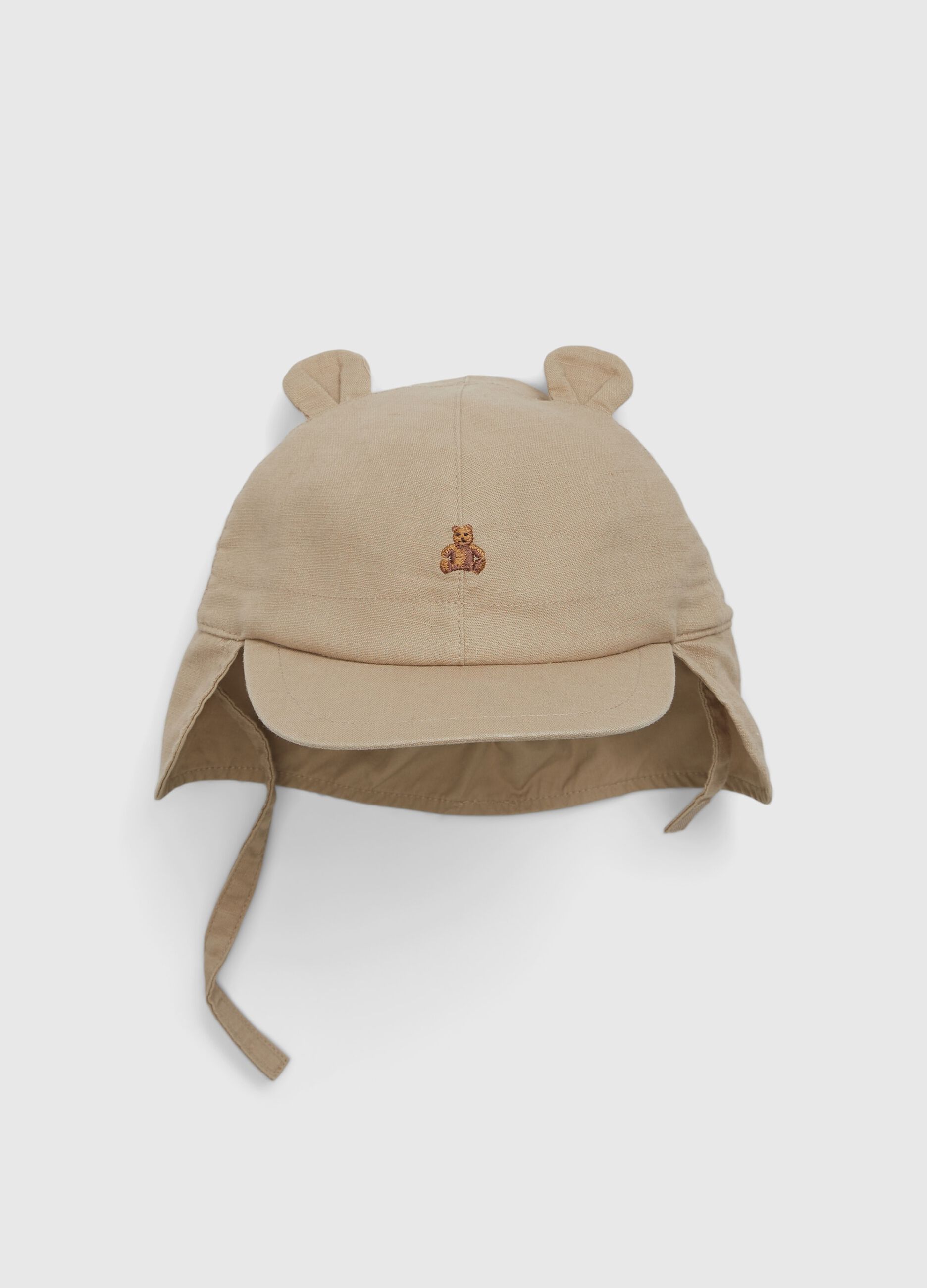 Linen and cotton hat with teddy bear embroidery