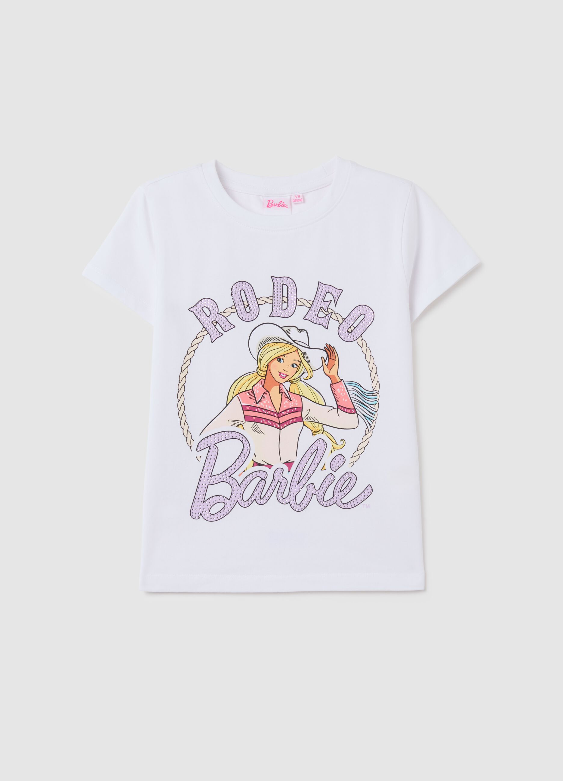 Girl's white stretch cotton T-shirt with Barbie print
