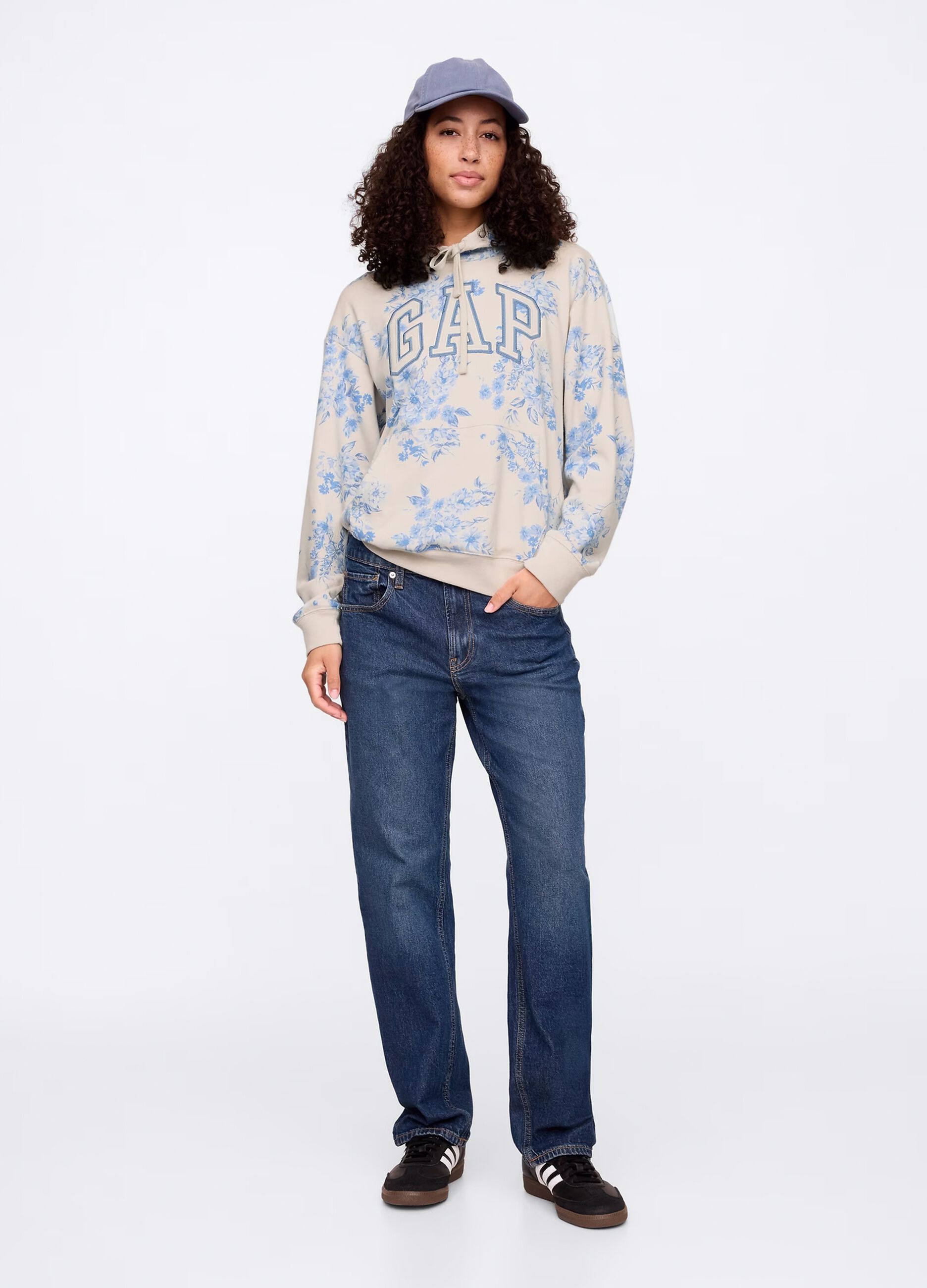 Sweat &agrave; capuche floral beige et bleu Gap