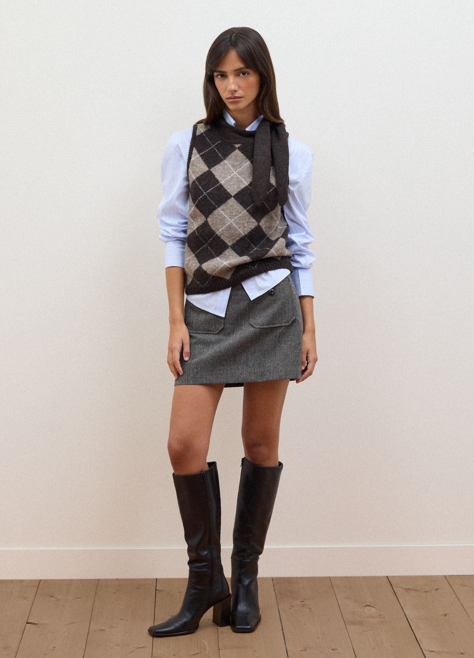 Brown stretch wool gilet with stand collar