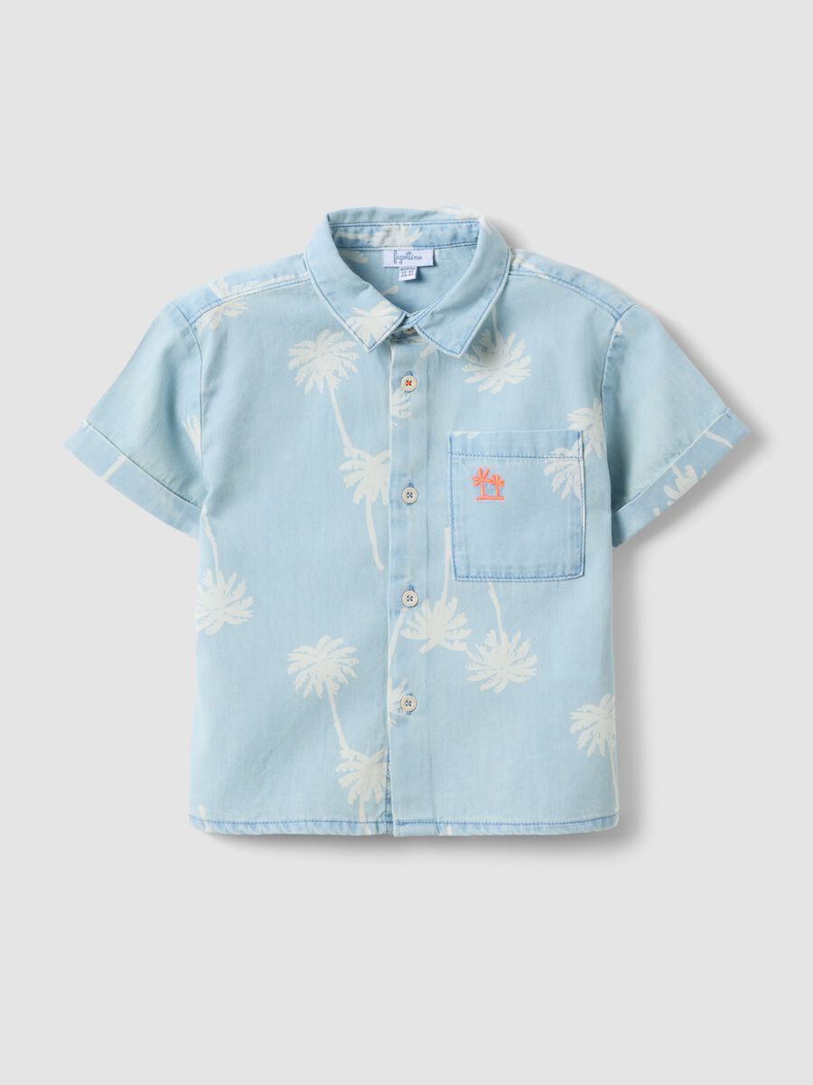 Light Blue Pure Cotton Denim Child's Shirt Regular Fit with Palm Trees_0