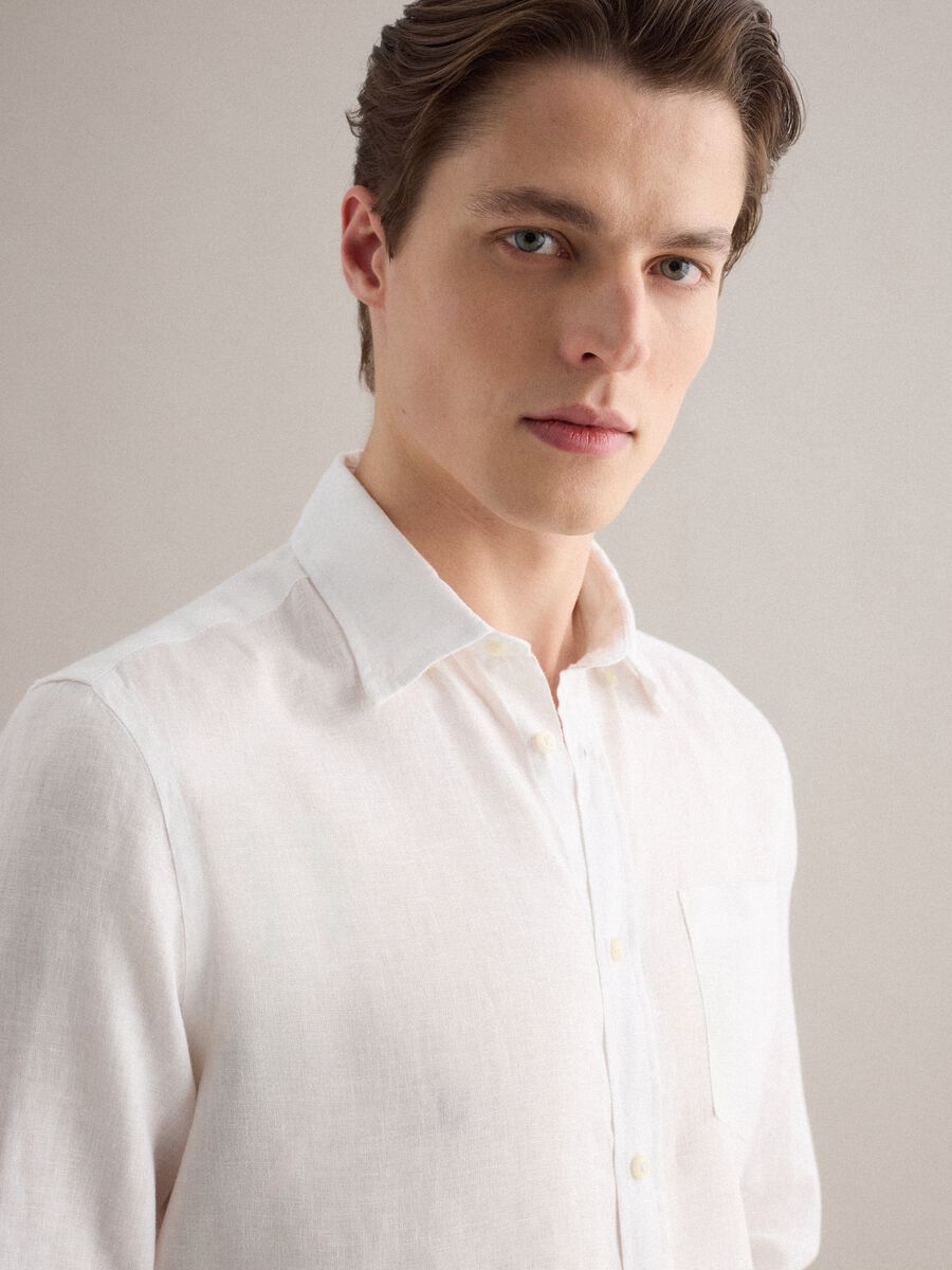 White long-sleeve pure linen shirt regular fit_3