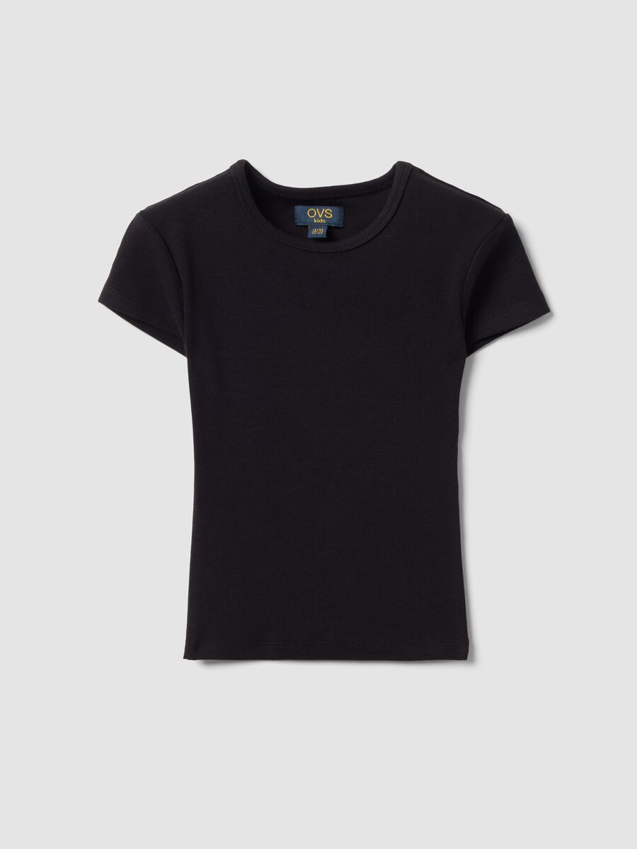 Schwarzes, figurbetontes Kurzarm-T-Shirt aus elastischer Bio-Baumwolle f&uuml;r M&auml;dchen_0