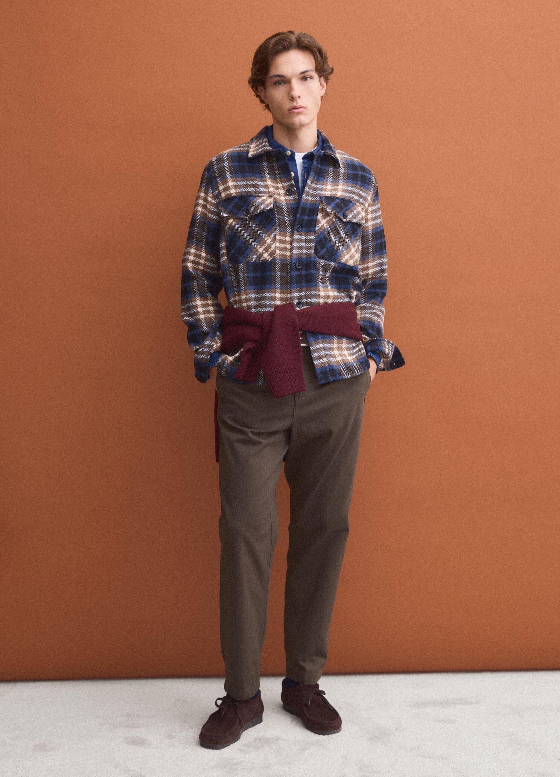 Blue wool-blend checked shacket with an oversized fit