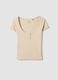Beige pure cotton T-shirt regular fit with deep Henley neckline_4