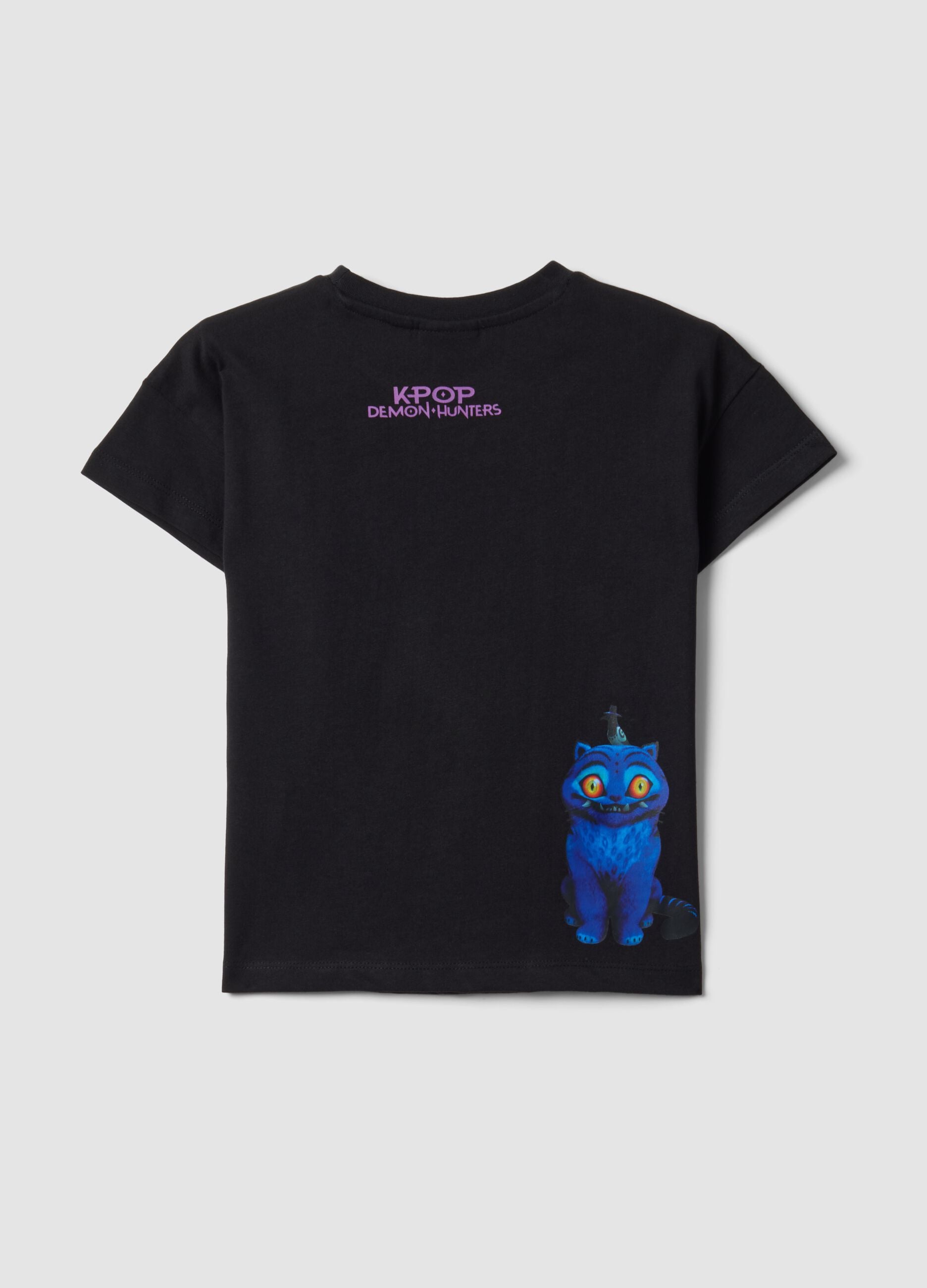 Schwarzes T-Shirt aus reiner Baumwolle mit K-Pop Demon Hunters Print f&uuml;r M&auml;dchen