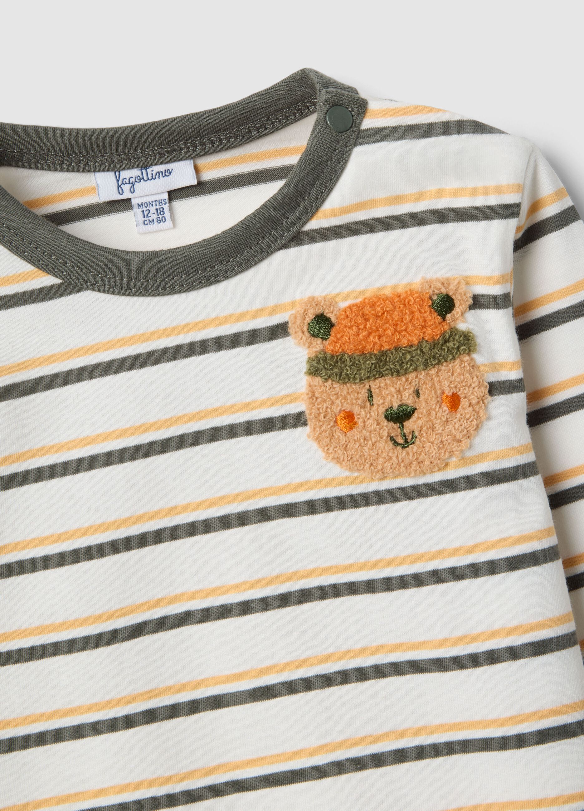 White pure cotton boys&rsquo; T-shirt with multicolour stripes and teddy bear embroidery
