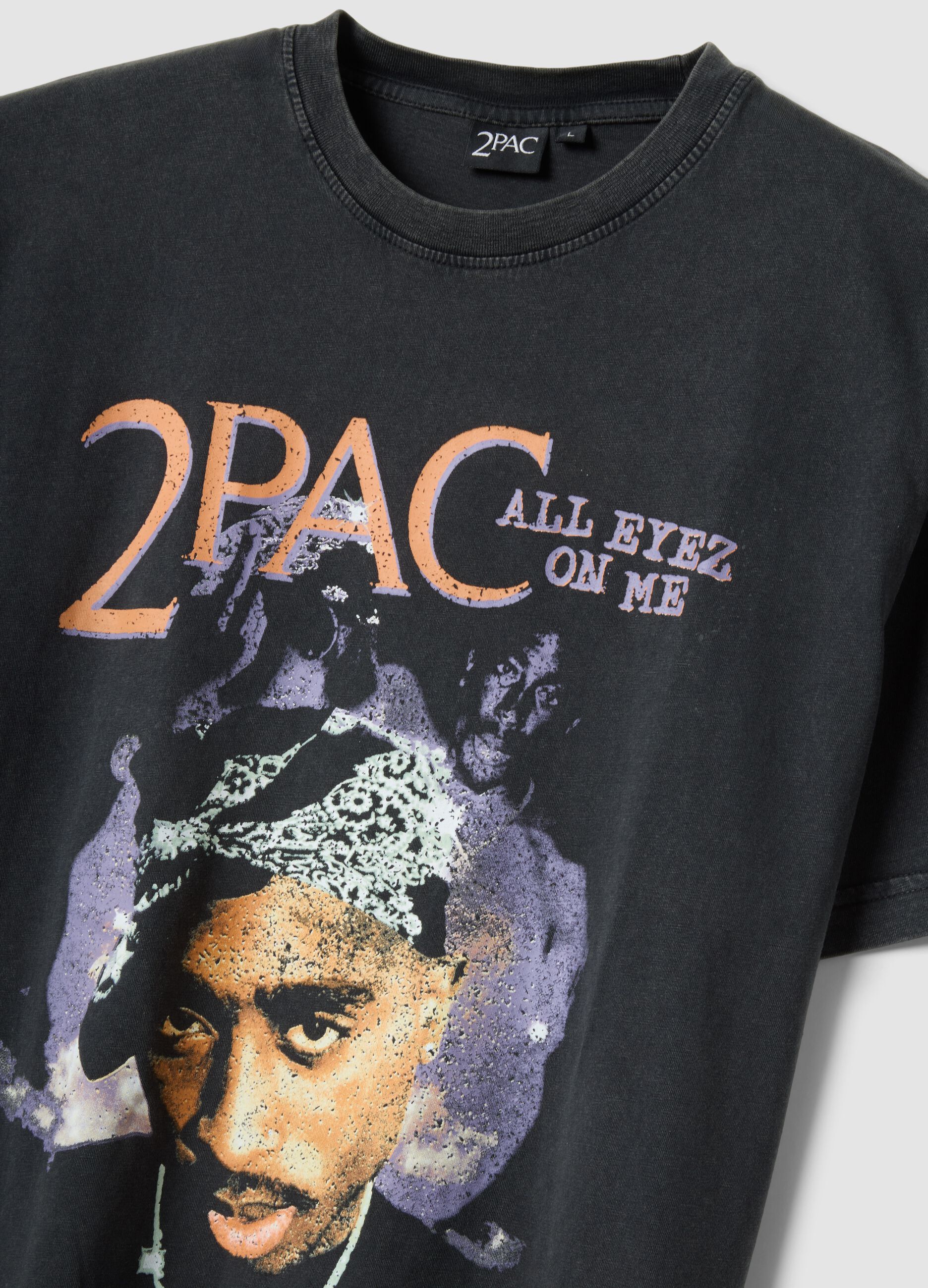 Schwarzes T-Shirt aus reiner Baumwolle mit 2Pac-Print, Relaxed Fit