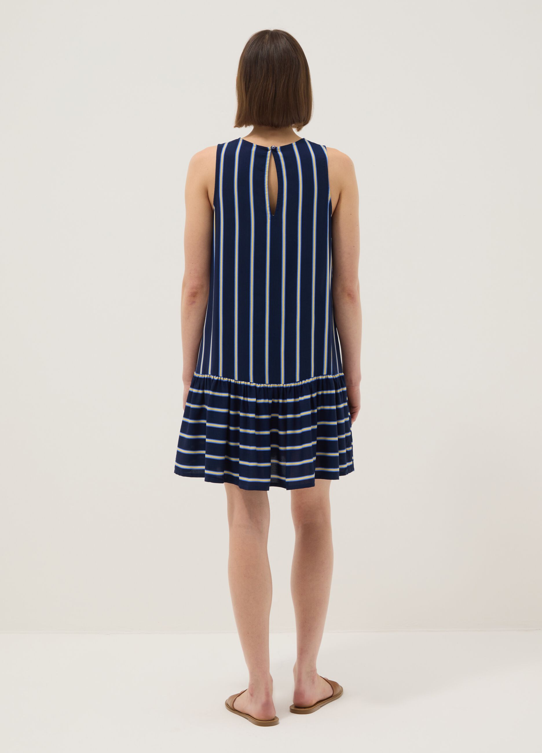 Sleeveless pure viscose multicolour striped dress, regular fit