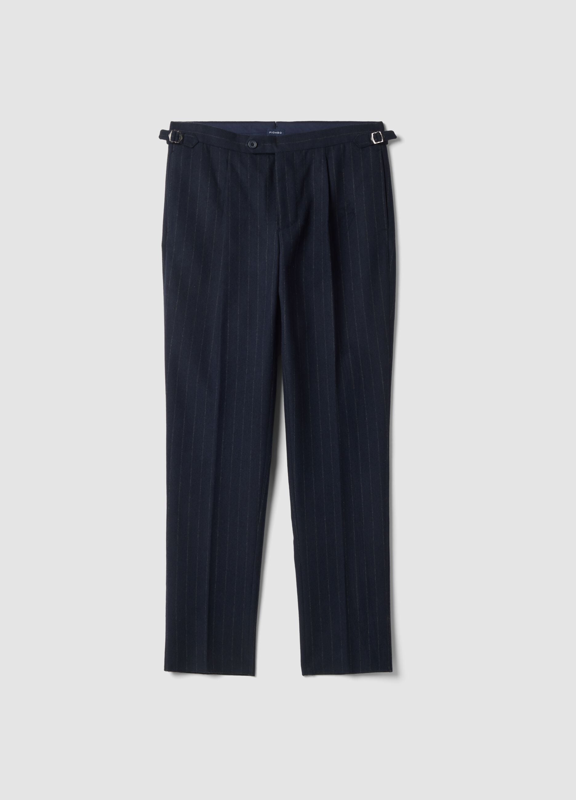 Navy blue pinstripe wool-blend regular-fit trousers