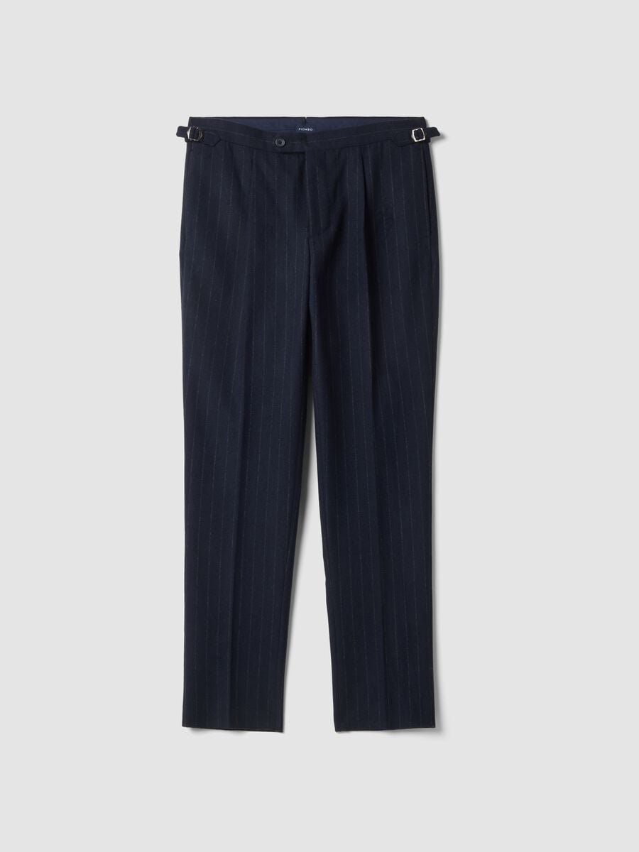 Navy blue pinstripe wool-blend regular-fit trousers_0