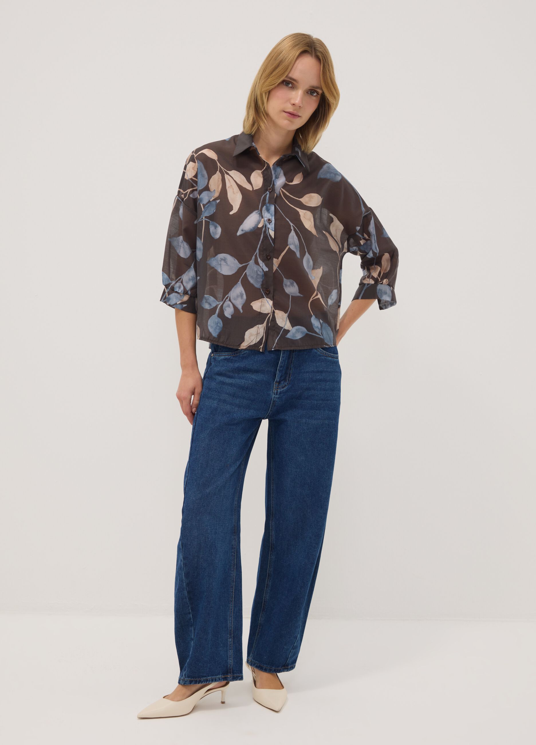 Brown lyocell-blend regular-fit shirt with foliage print