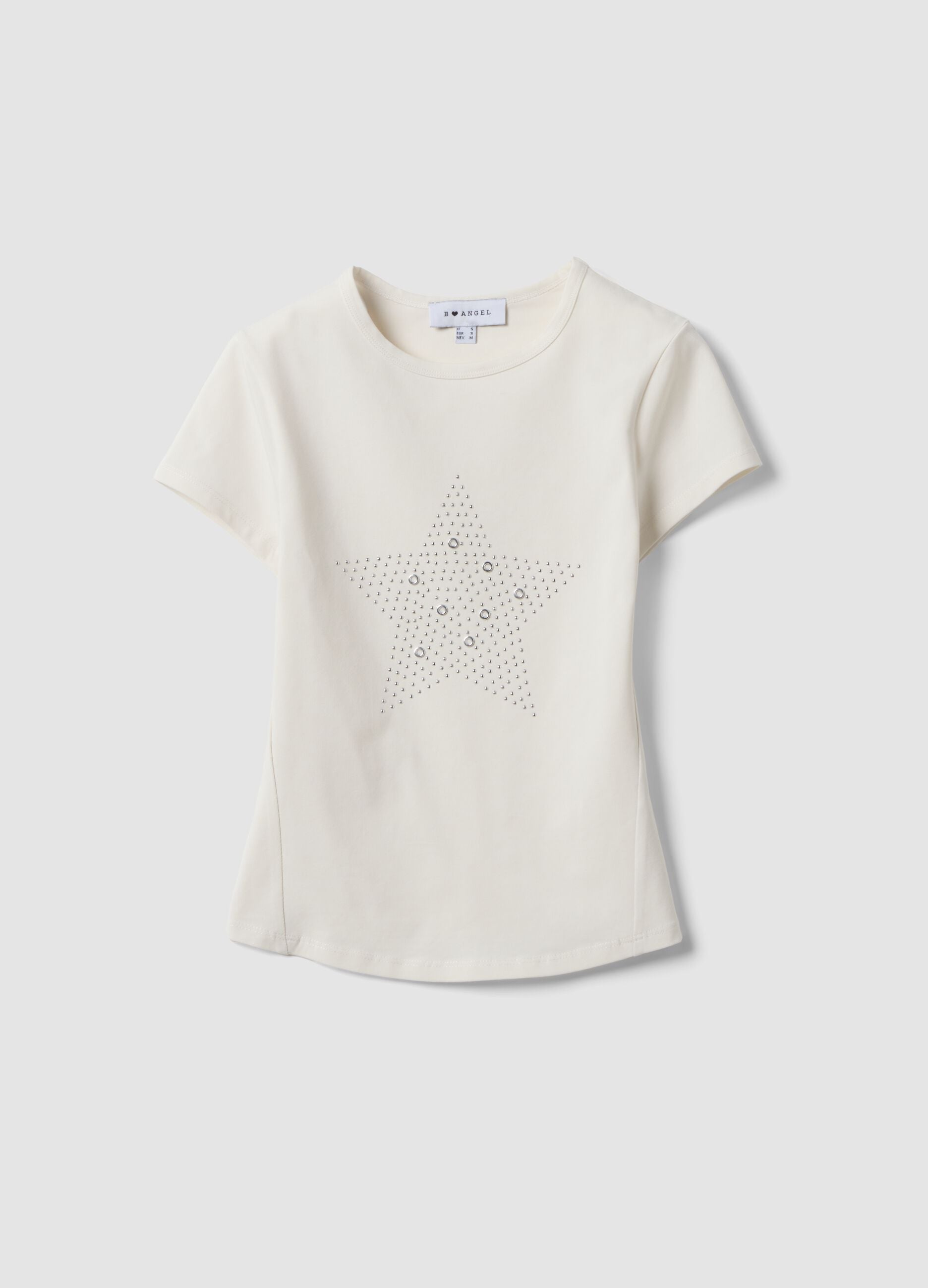 T-shirt branca justa em algod&atilde;o el&aacute;stico com aplica&ccedil;&otilde;es de strass