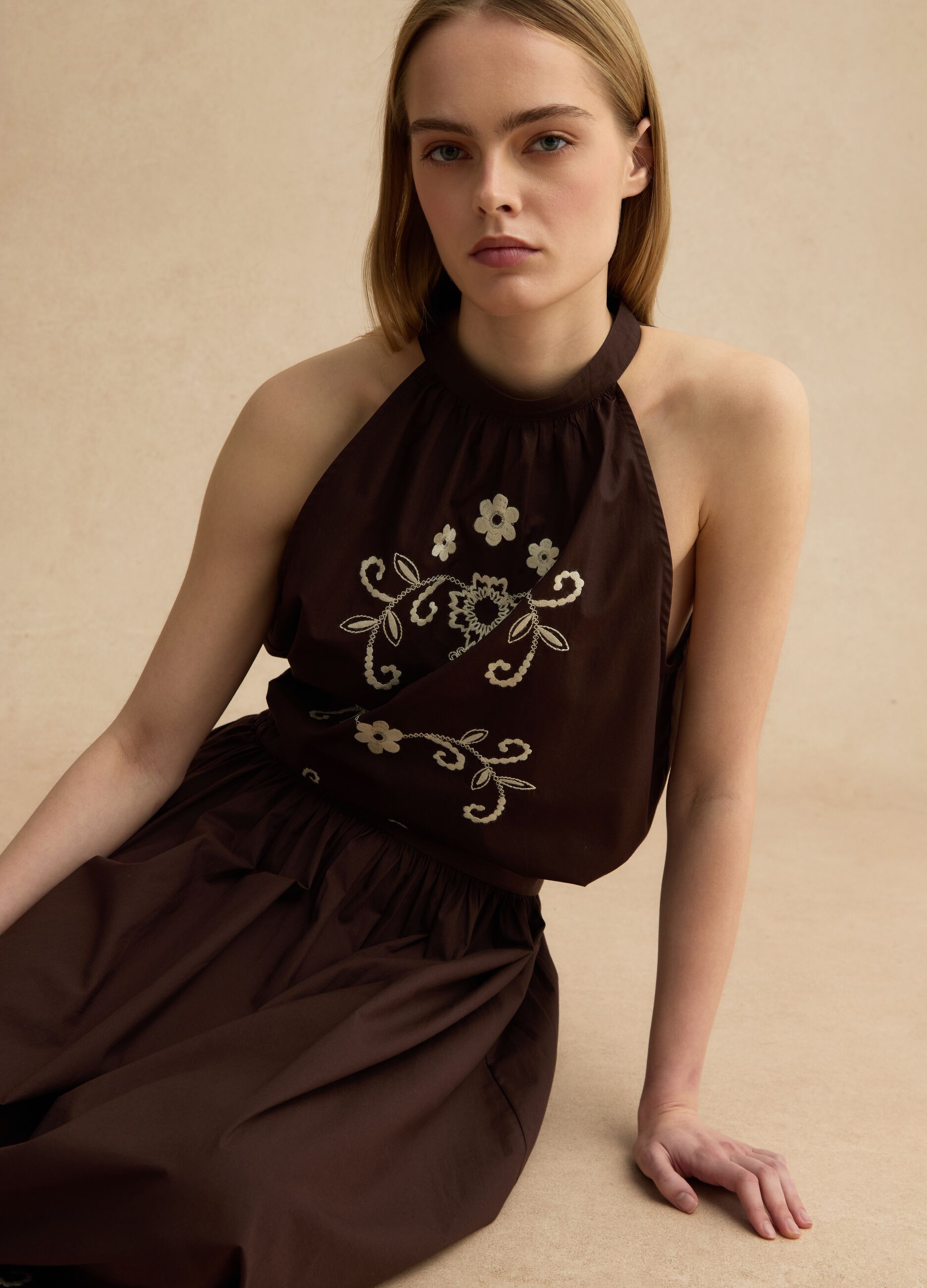 Brown pure cotton blouse regular fit with floral embroidery