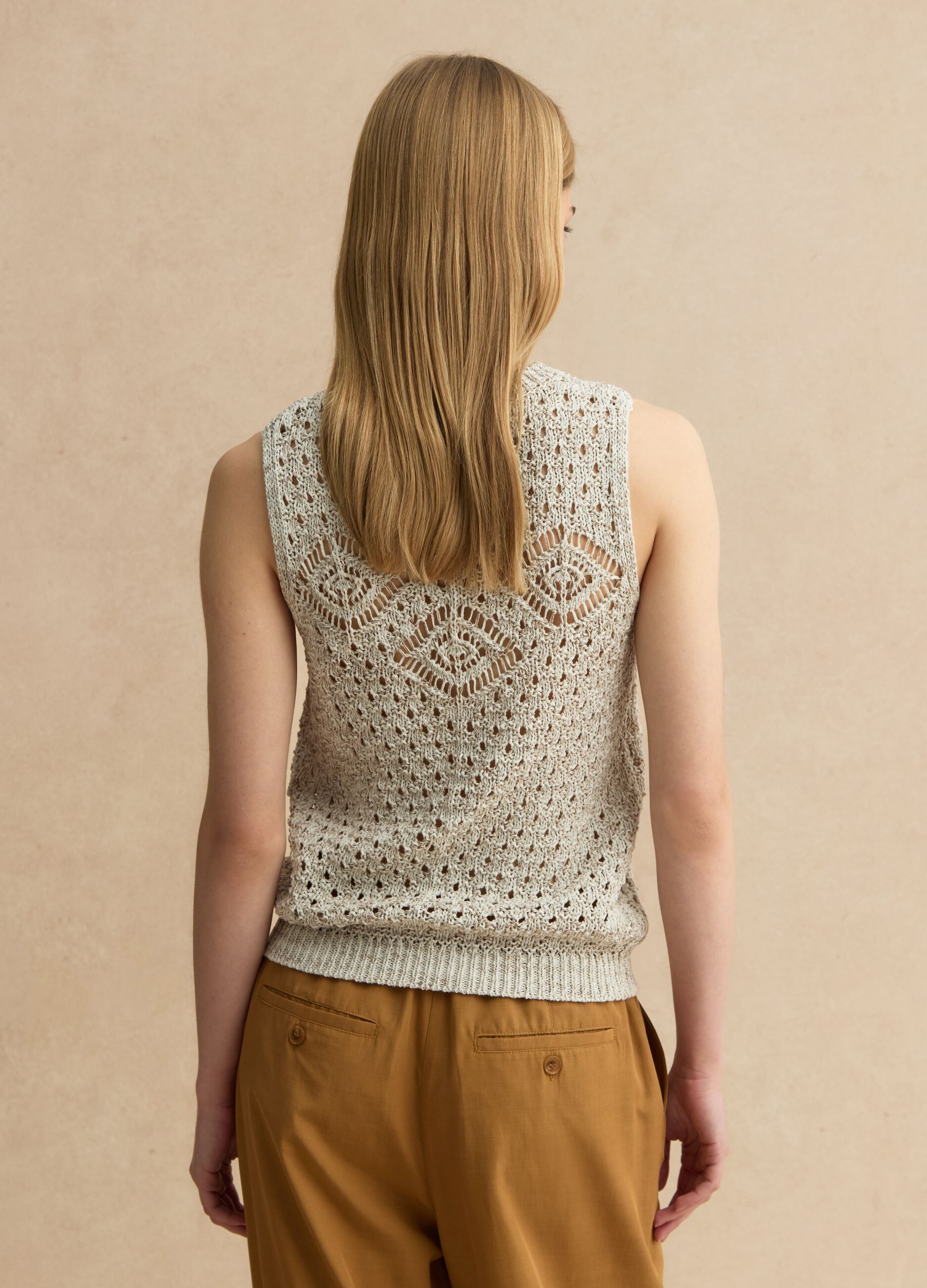 Beige, tailliertes Baumwollgemisch-Netzgilet