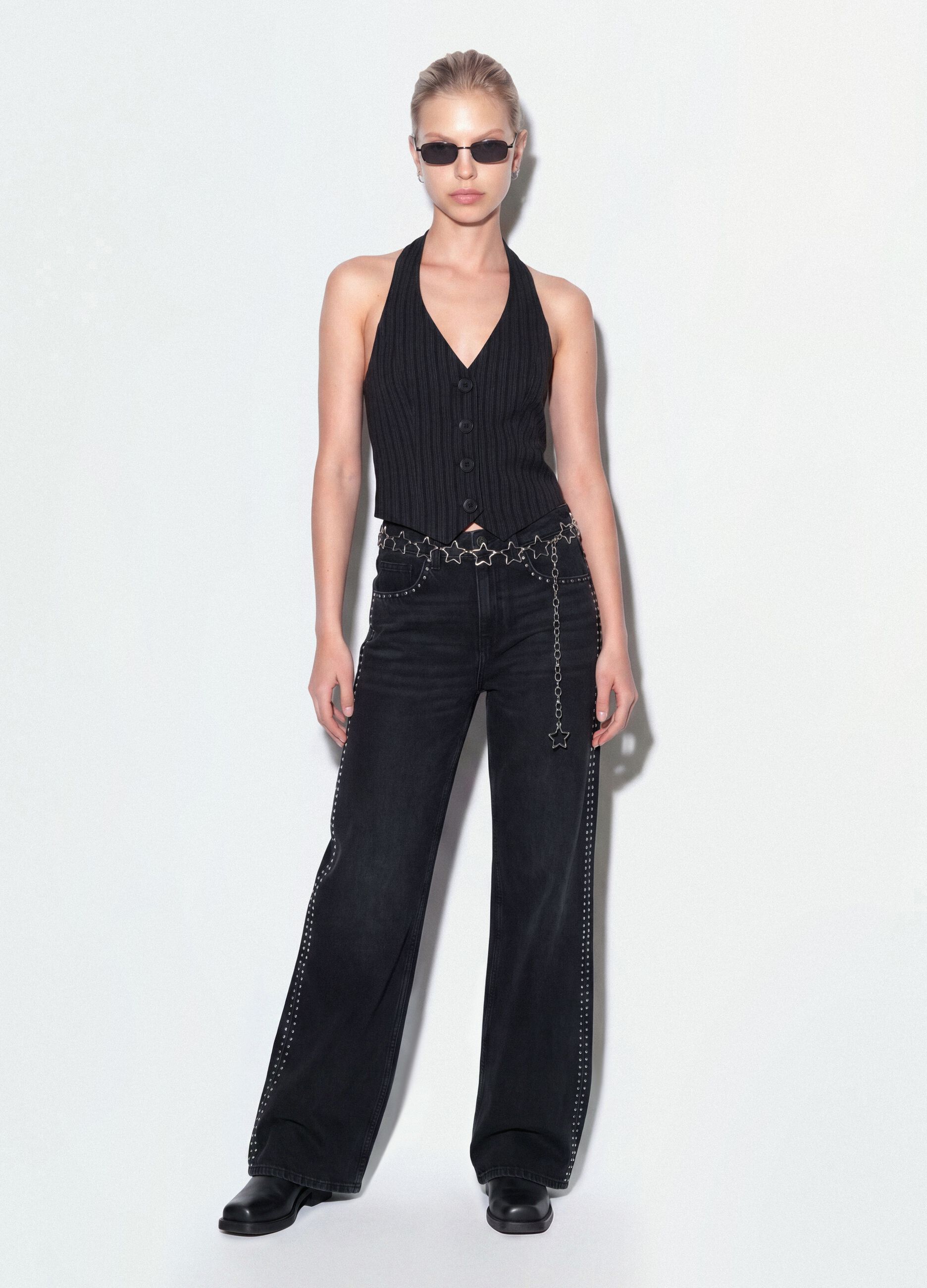 Black pure cotton wide-leg jeans with studs