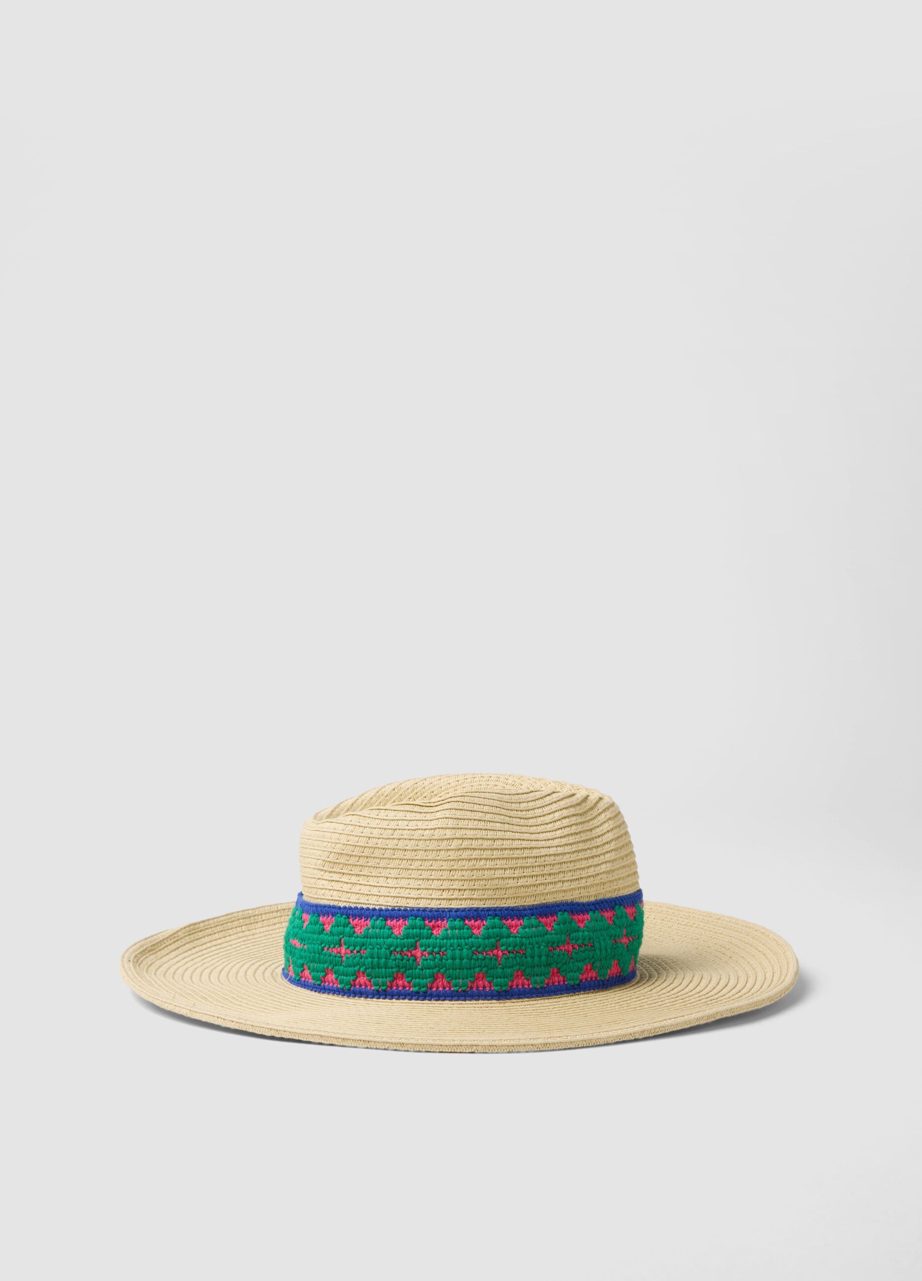 Sombrero panam&aacute; beige de puro tejido de papel con cinta multicolor