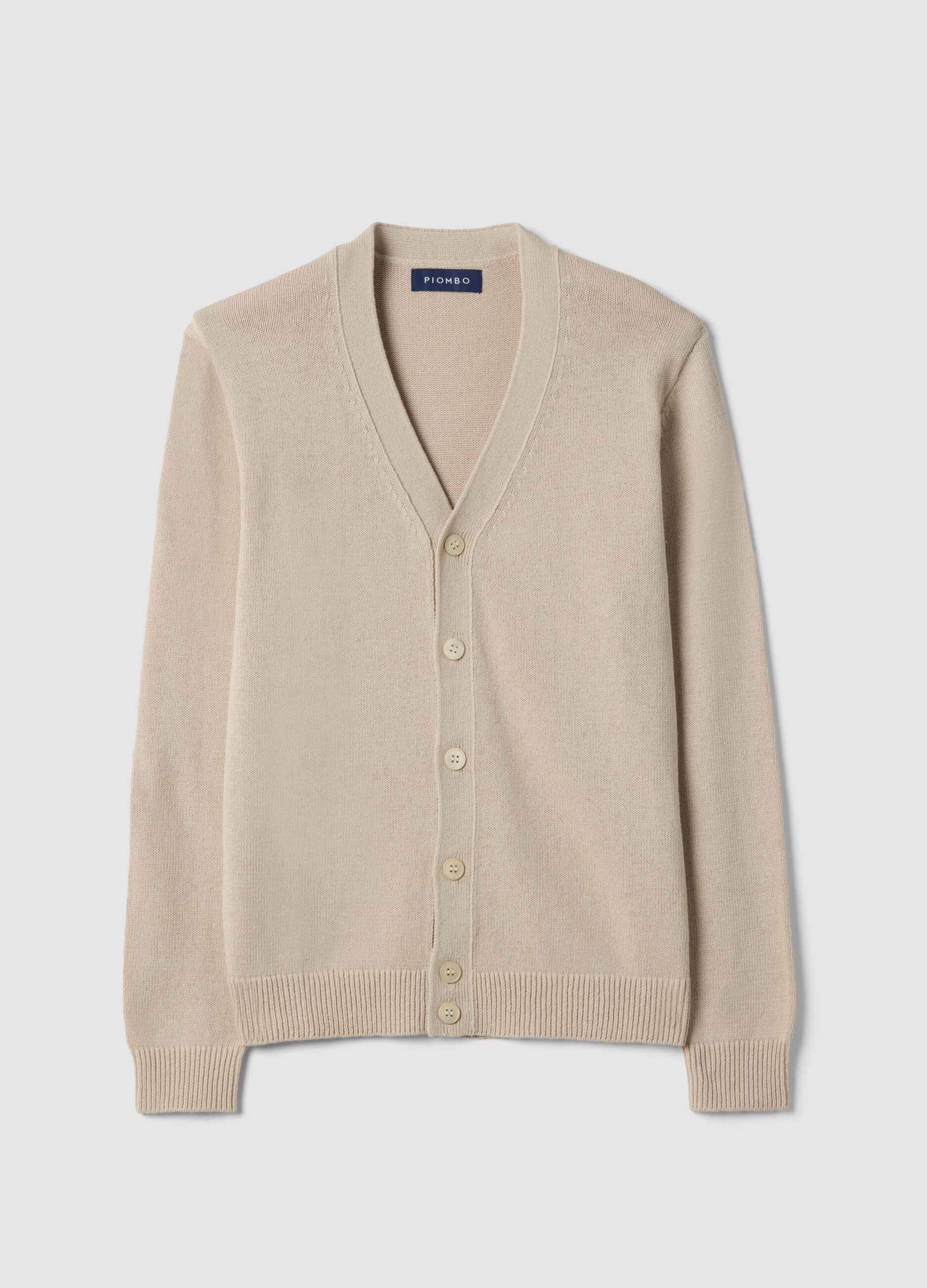 Cardigan bege de mistura de algod&atilde;o e linho, deep V regular fit