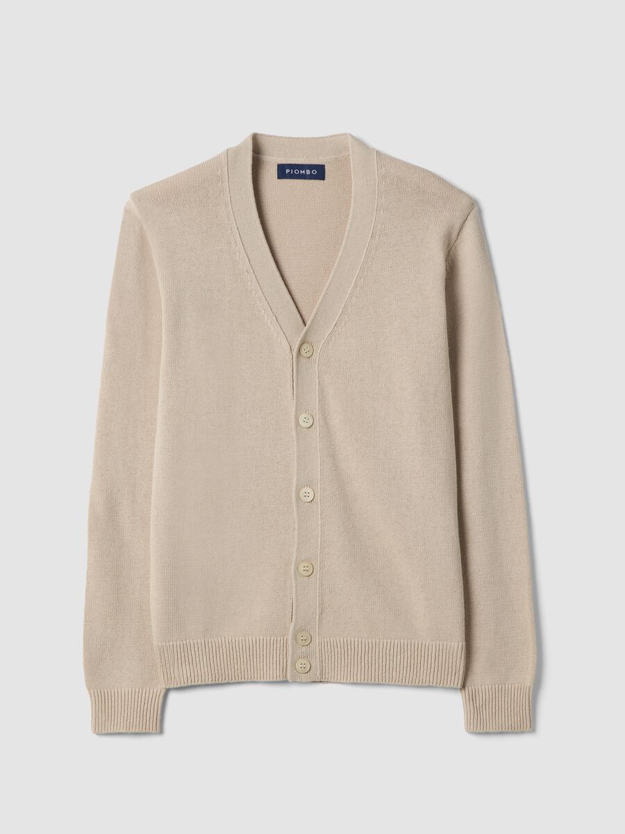 Beige deep V regular fit cotton and linen blend cardigan_4