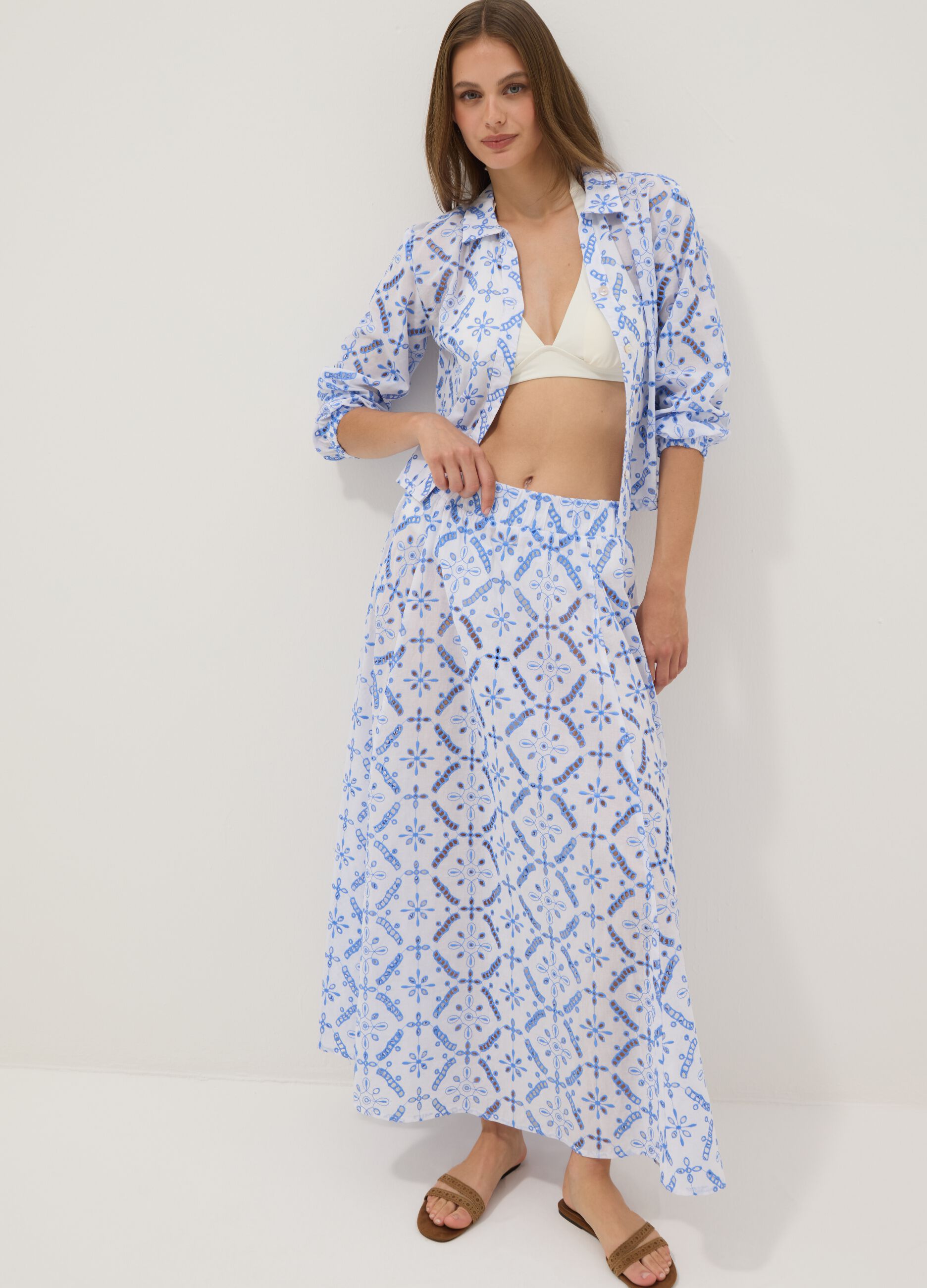 Blue organic cotton skirt with broderie anglaise embroidery