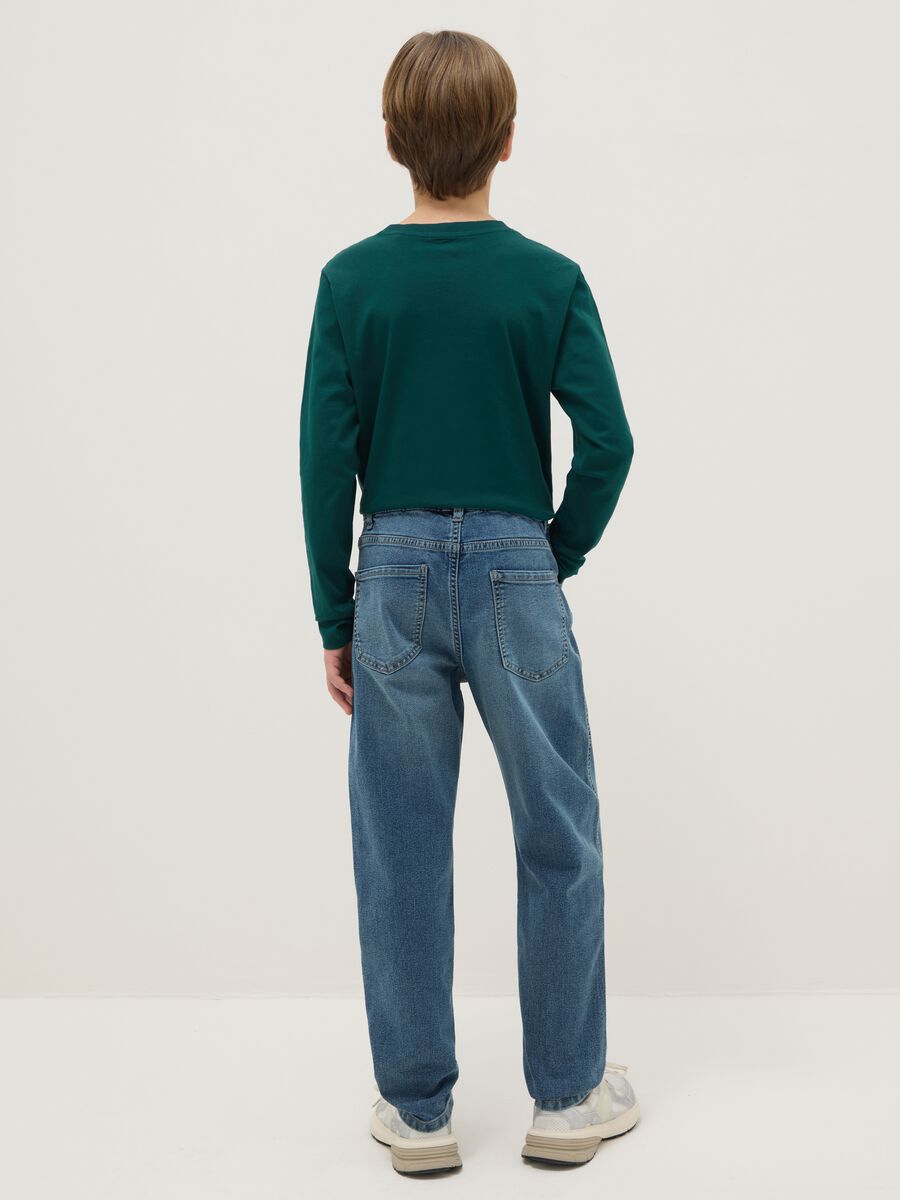Blue cotton blend regular fit jeans with elastic waistband_1