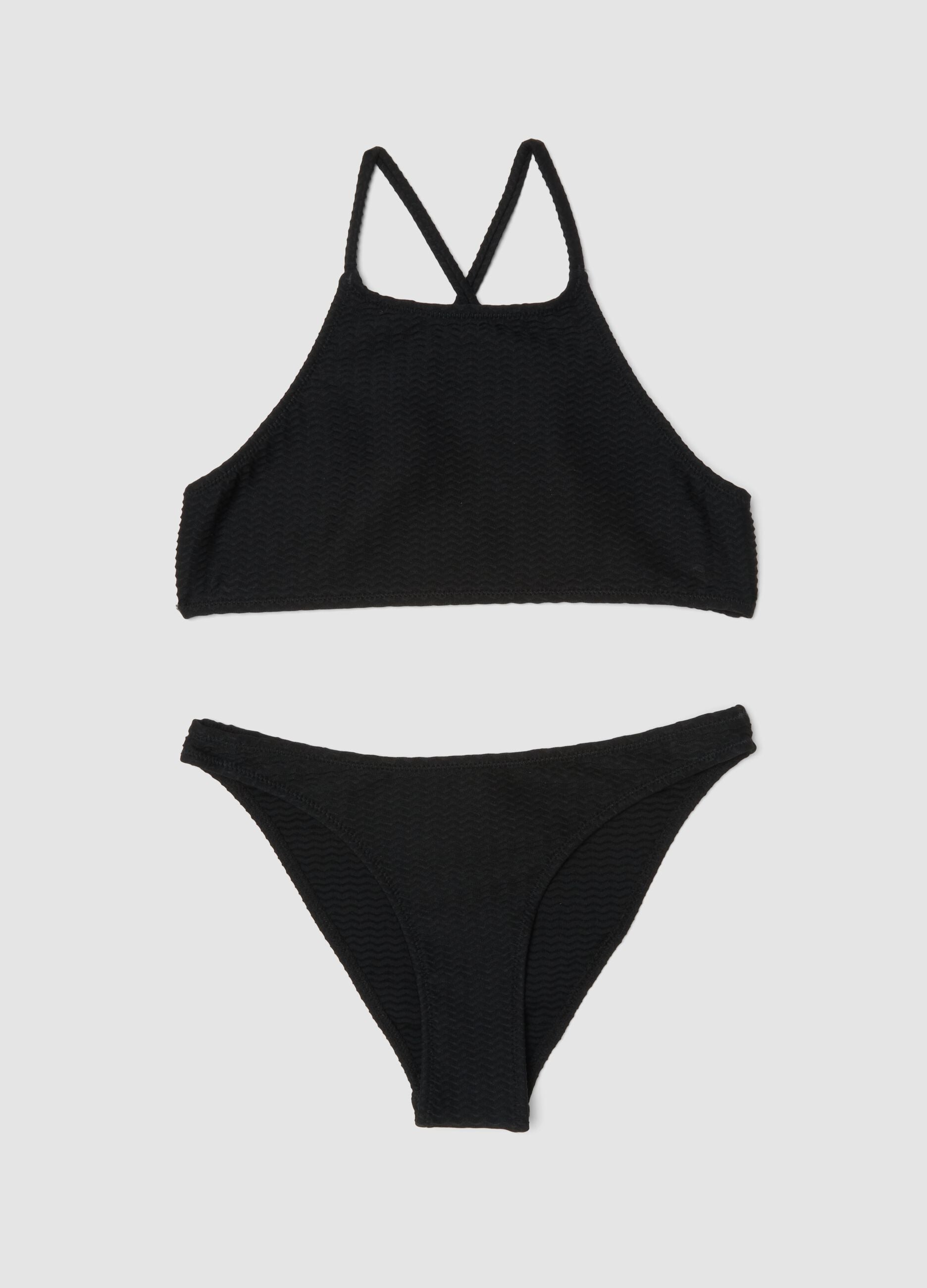 Black textured stretch-fabric bikini