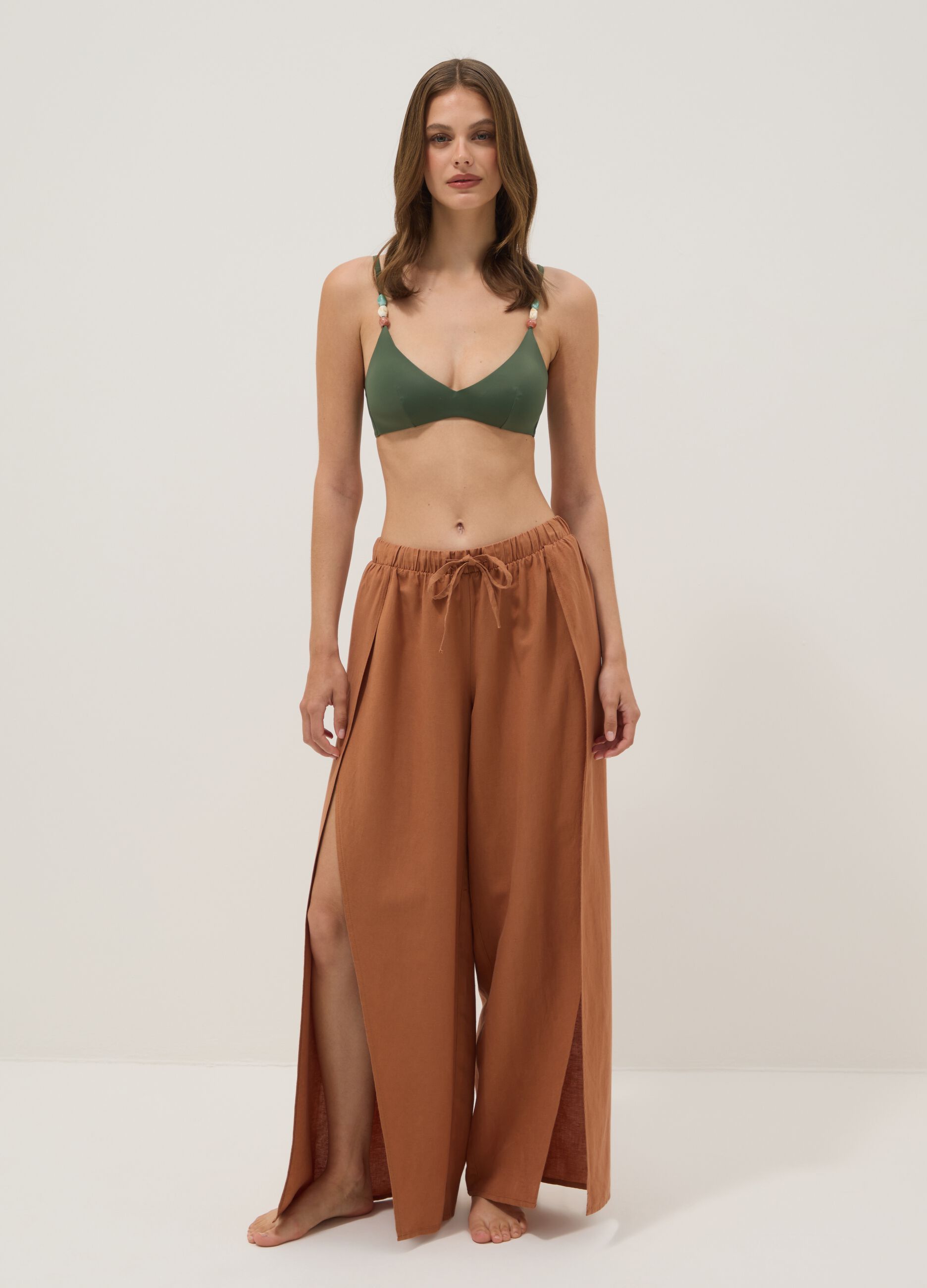 Brown wide-leg linen and viscose-blend trousers