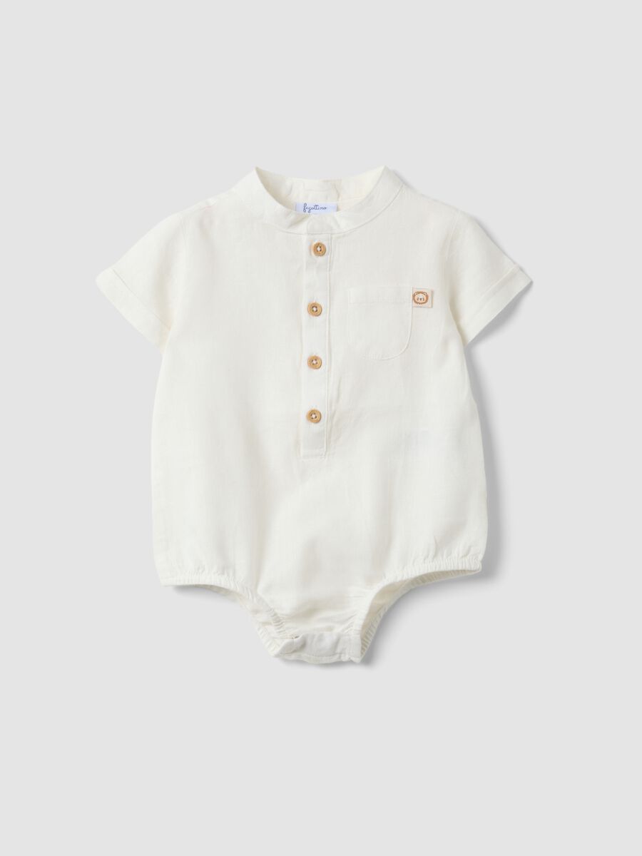 White linen and viscose blend baby bodysuit with mandarin collar_0