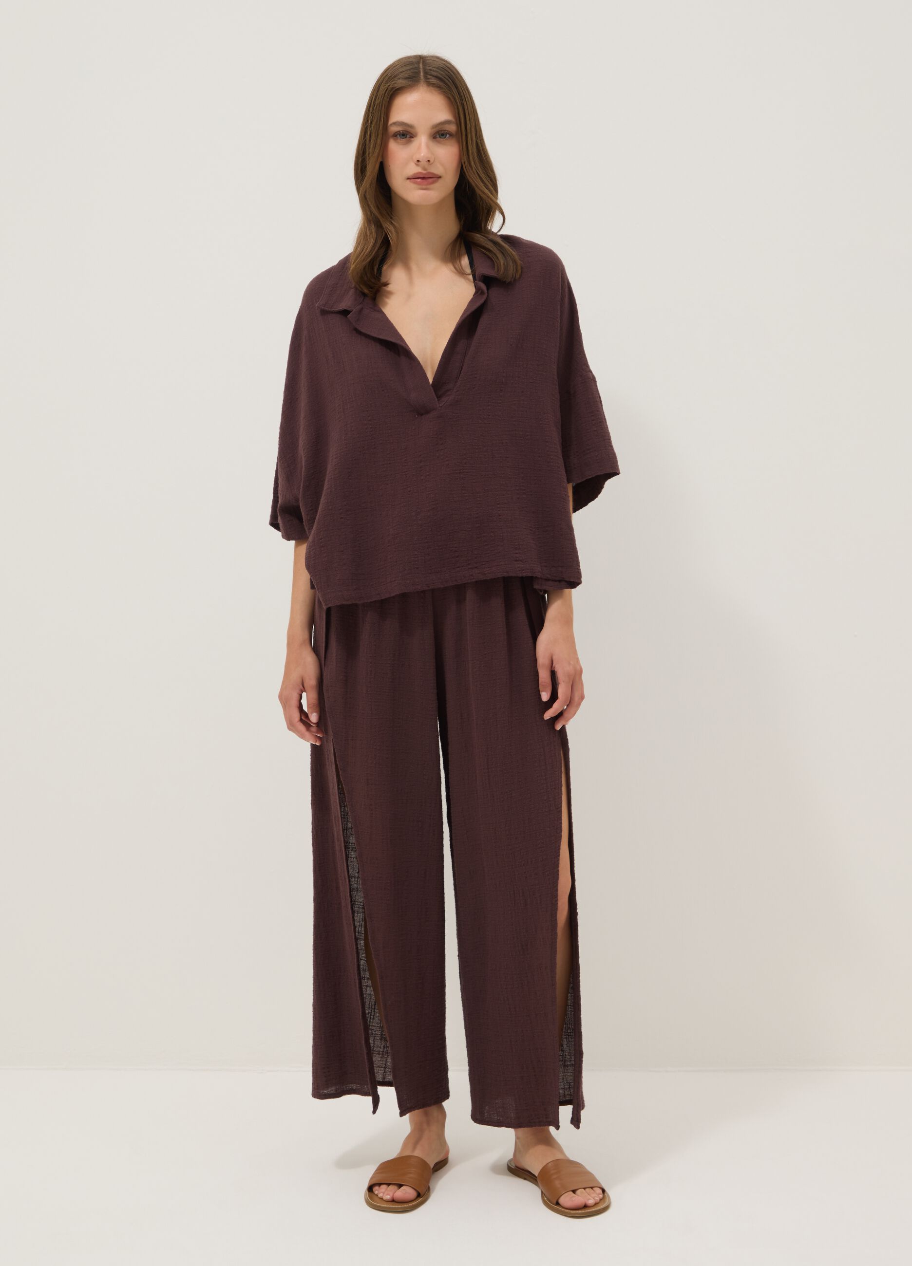 Short brown pure cotton kaftan with V-neck