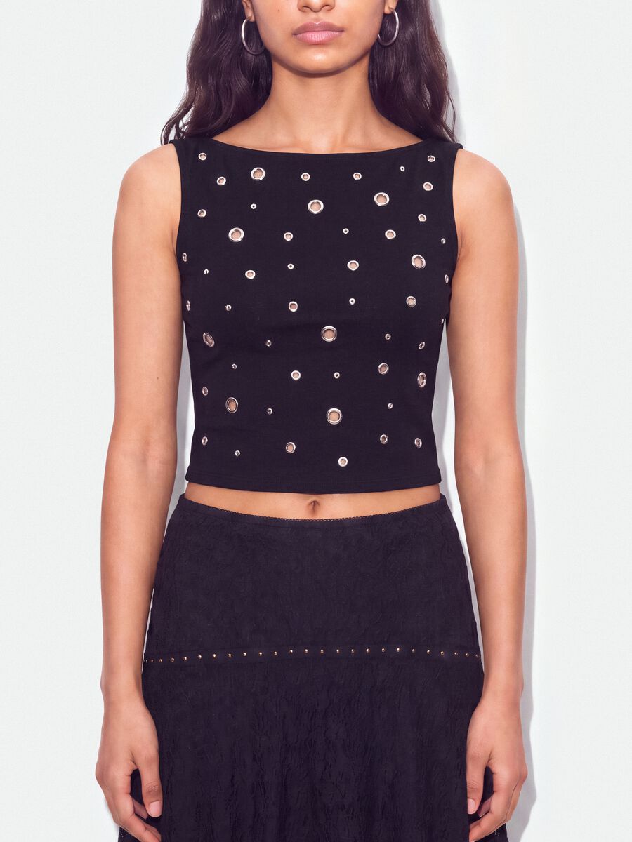 Black stretch cotton top with metal eyelets, regular fit_3
